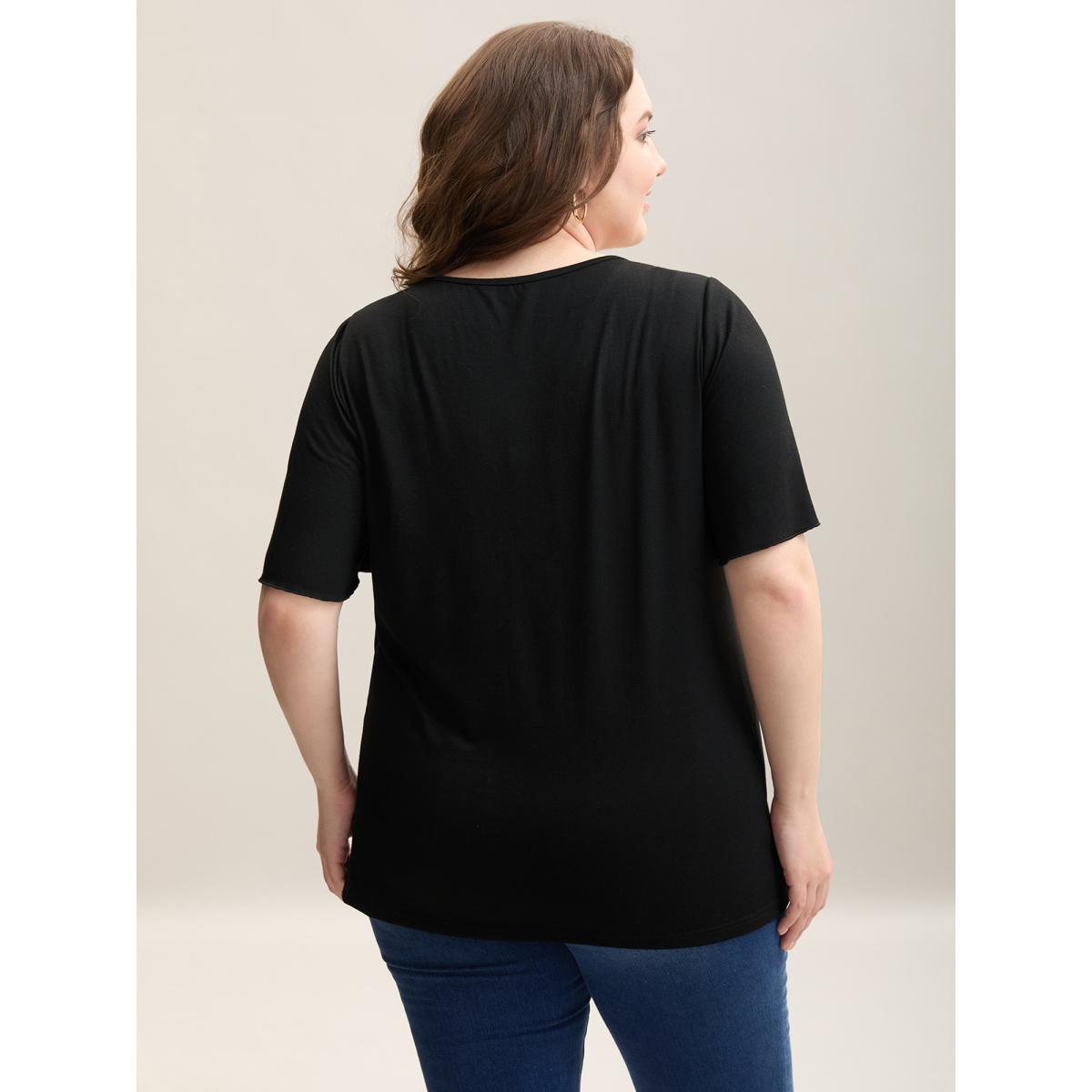 Plus Size Lace Floral Flutter Plain T-Shirt Black Women Casual Woven ribbon&lace trim V-neck Everyday T-shirts BloomChic 26/4X Product Image