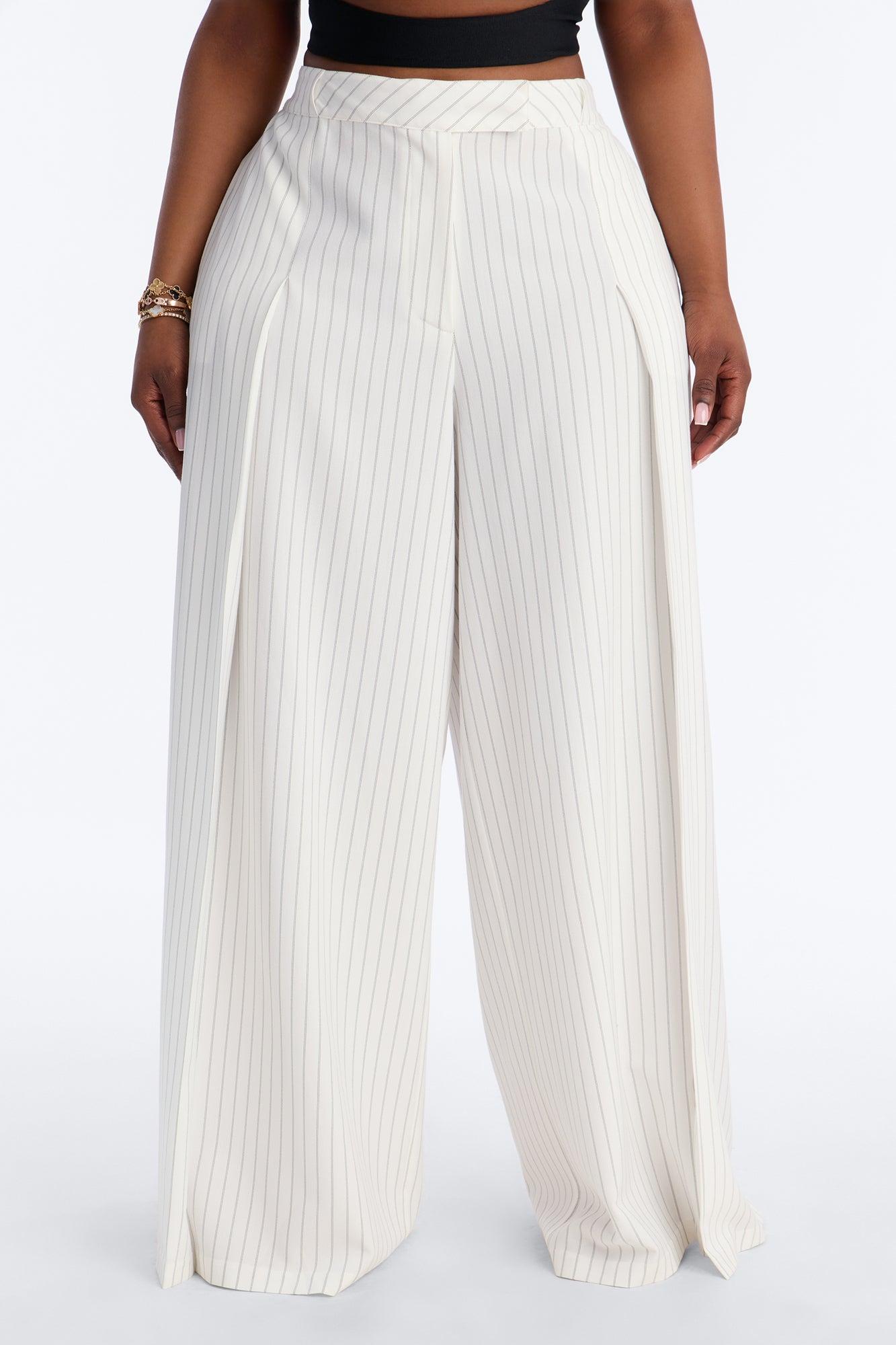 Catch A Break Pinstripe Wide Leg Pant 33″ - White/Black Female Product Image