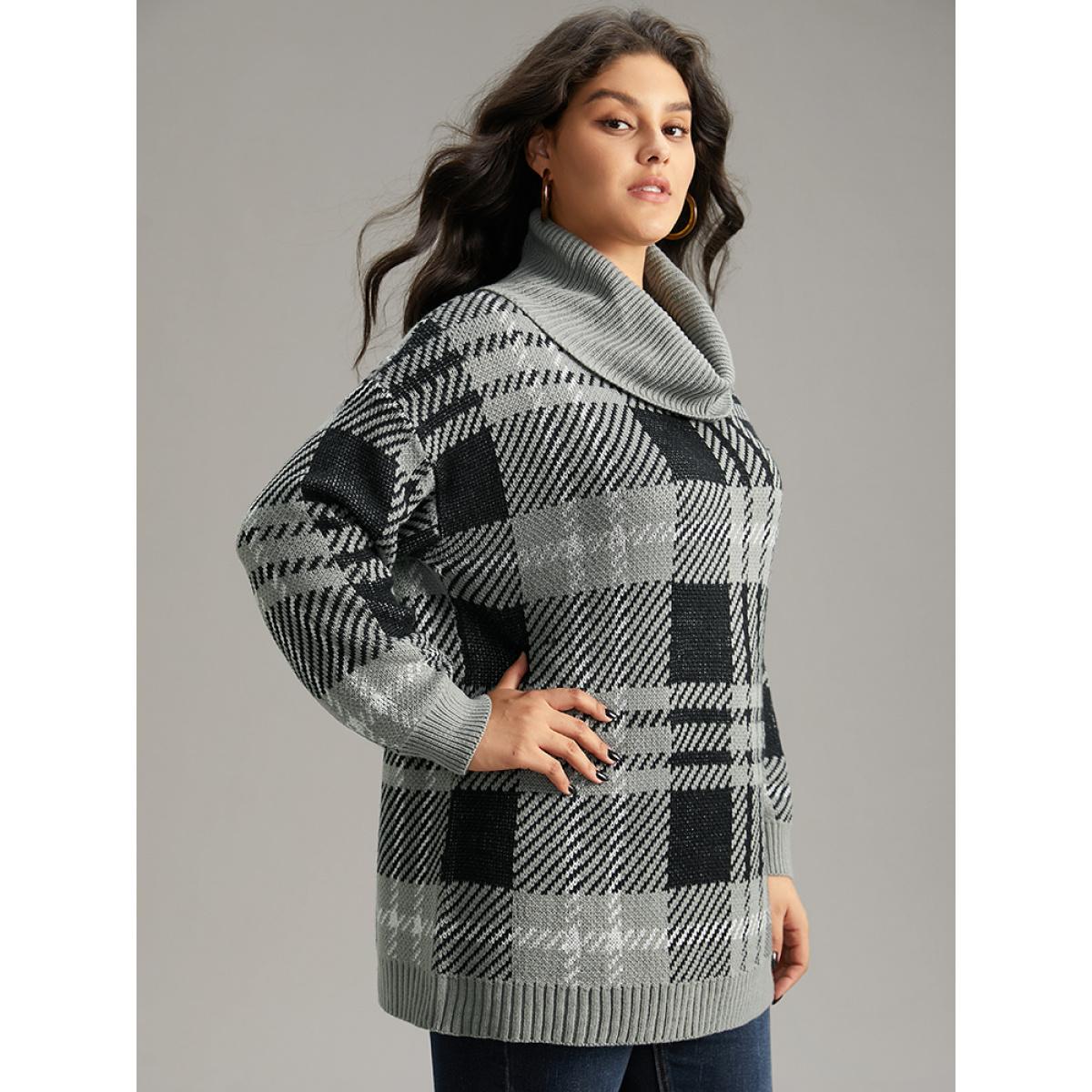 Plus Size Plaid Turtle Neck Drop Shoulder Pullover Multicolor Women Casual Loose Long Sleeve Turtleneck Dailywear Pullovers BloomChic 26/4X Product Image