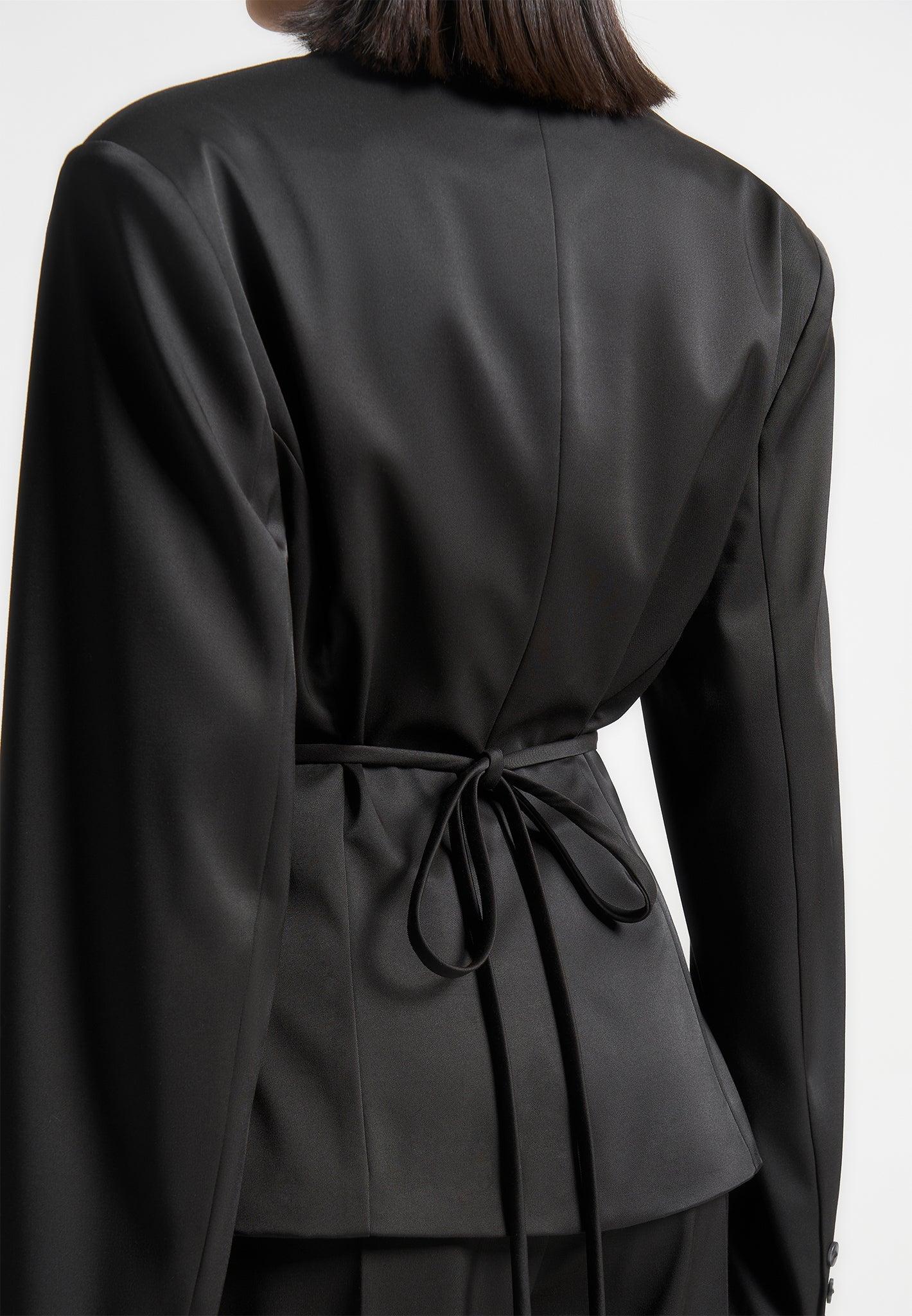 Wide Shoulder Sateen Blazer with Twin Belt - Black Female Product Image