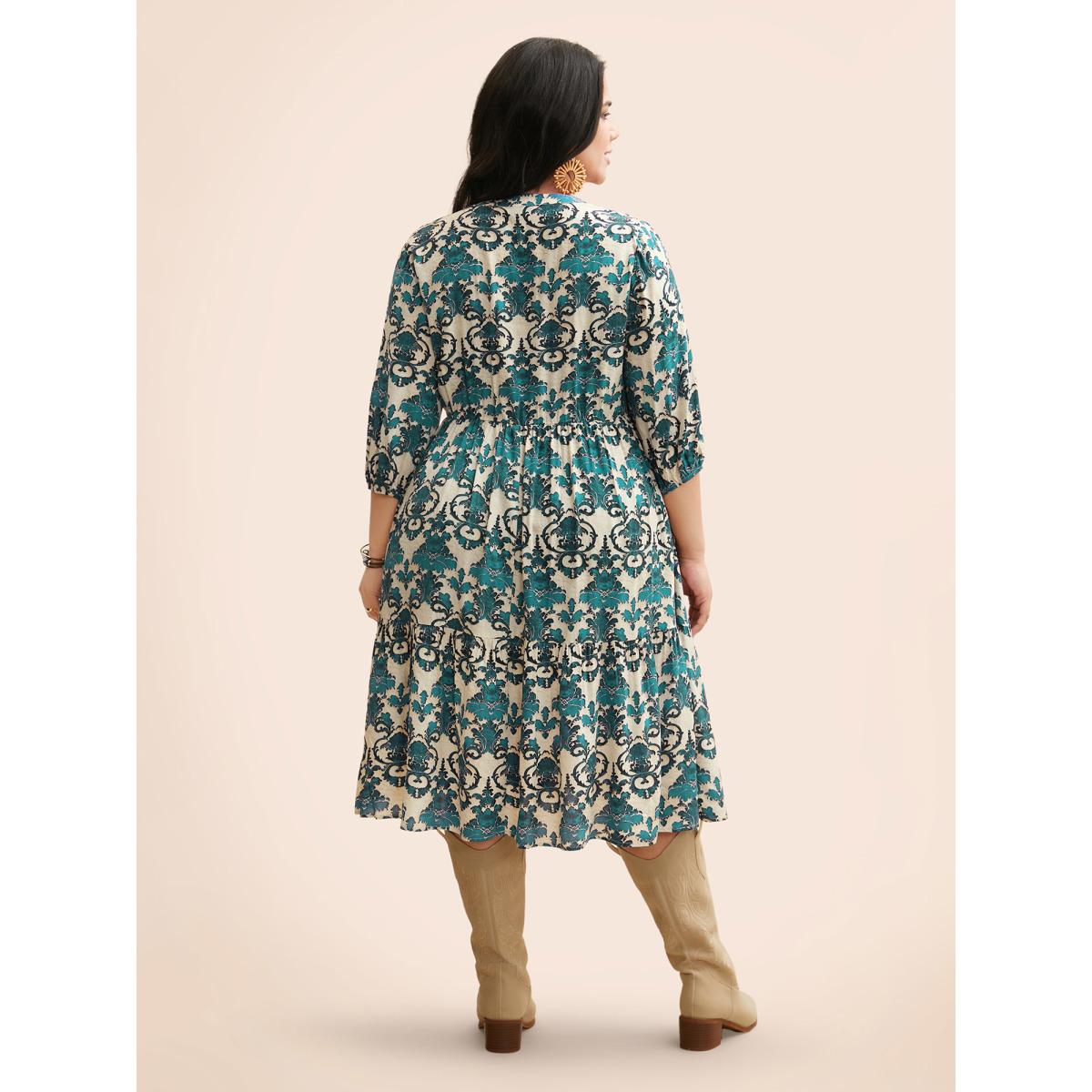 Plus Size Damask Print Tie Knot Puff Sleeve Dress Emerald Women Resort Tie knot V-neck Elbow-length sleeve Curvy BloomChic 18-20/2X Product Image