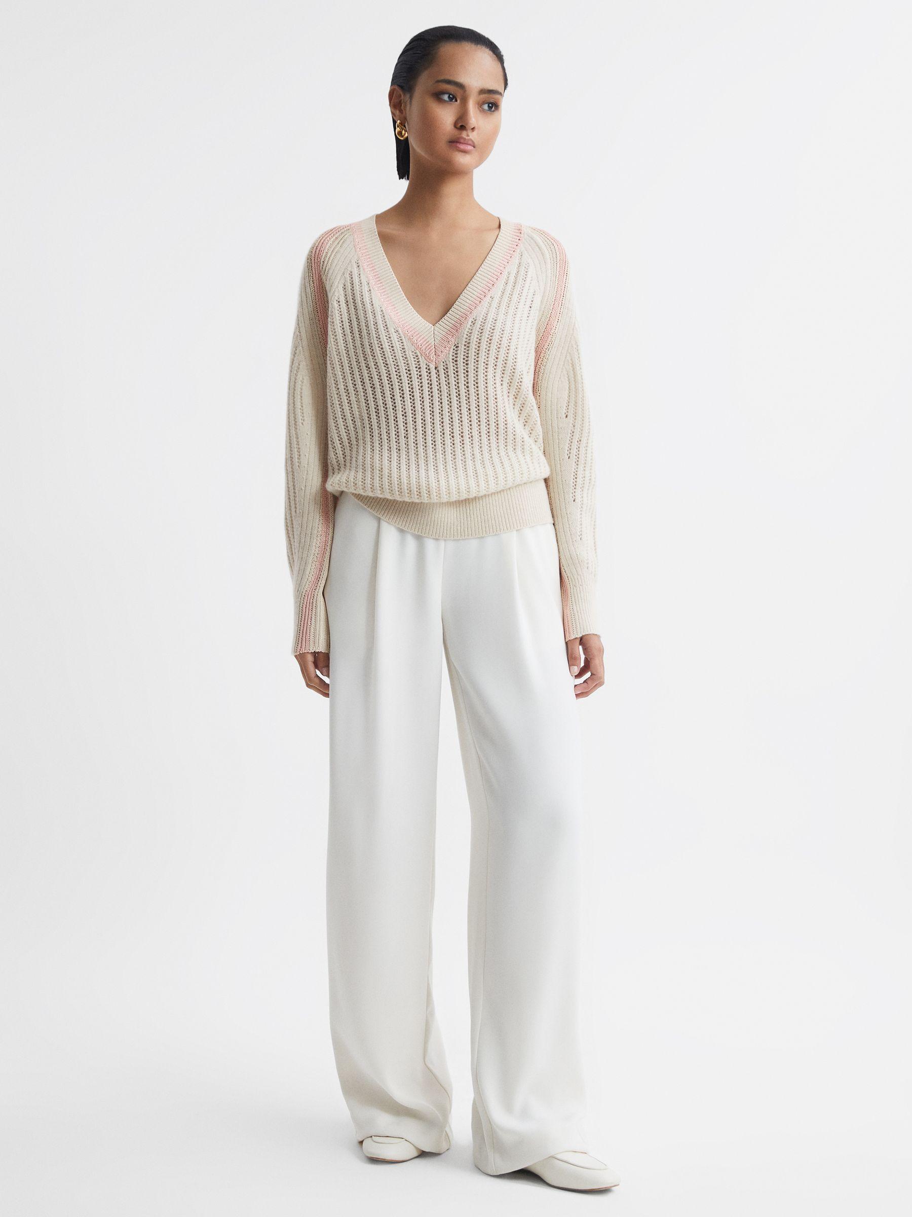 Wool Blend Knitted V-Neck Jumper in Cream/Nude Product Image