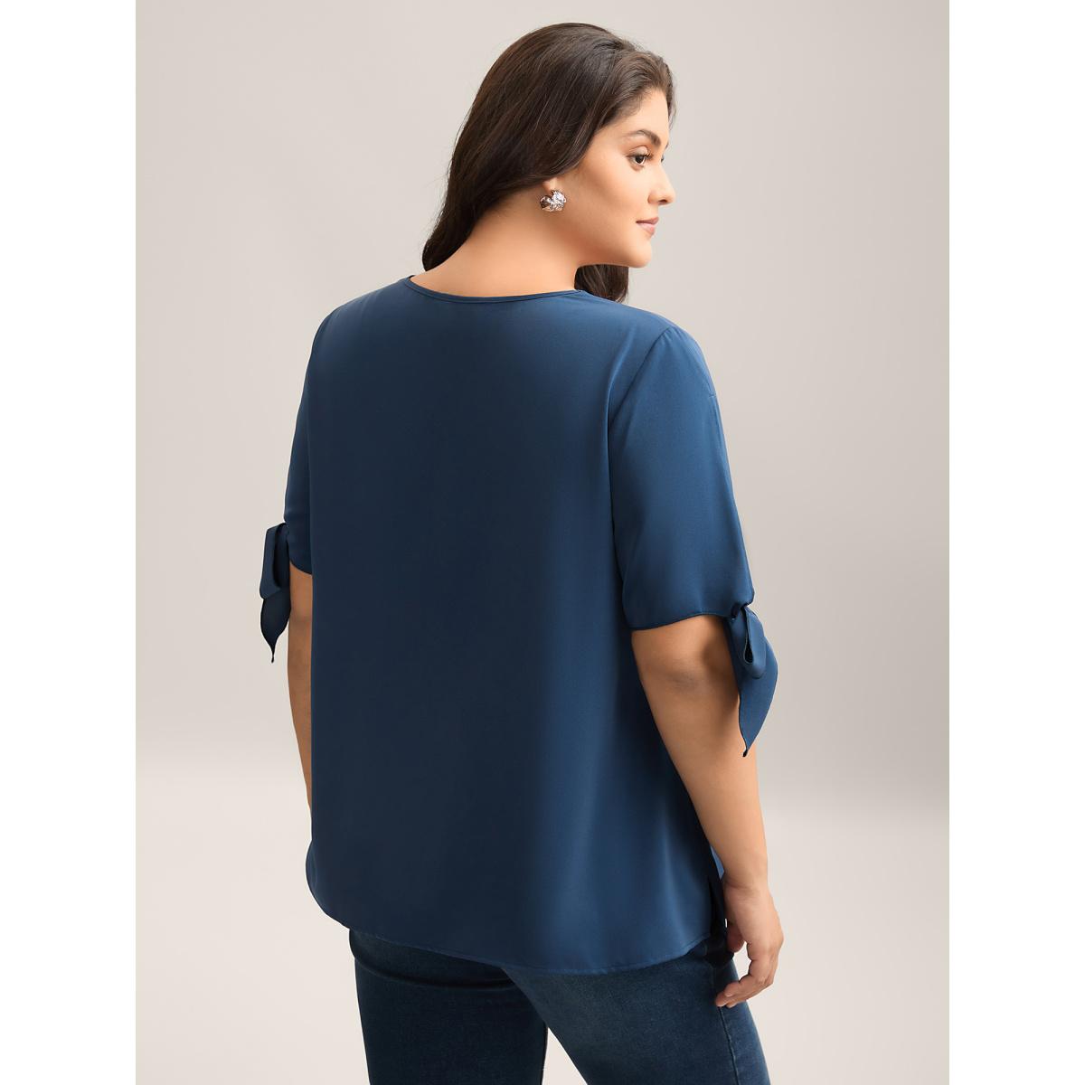 Plus Size Aegean Laser Cut Neckline Knotted Sleeve Blouse Women Short sleeve V-neck Work Blouses BloomChic 22-24/3X Product Image