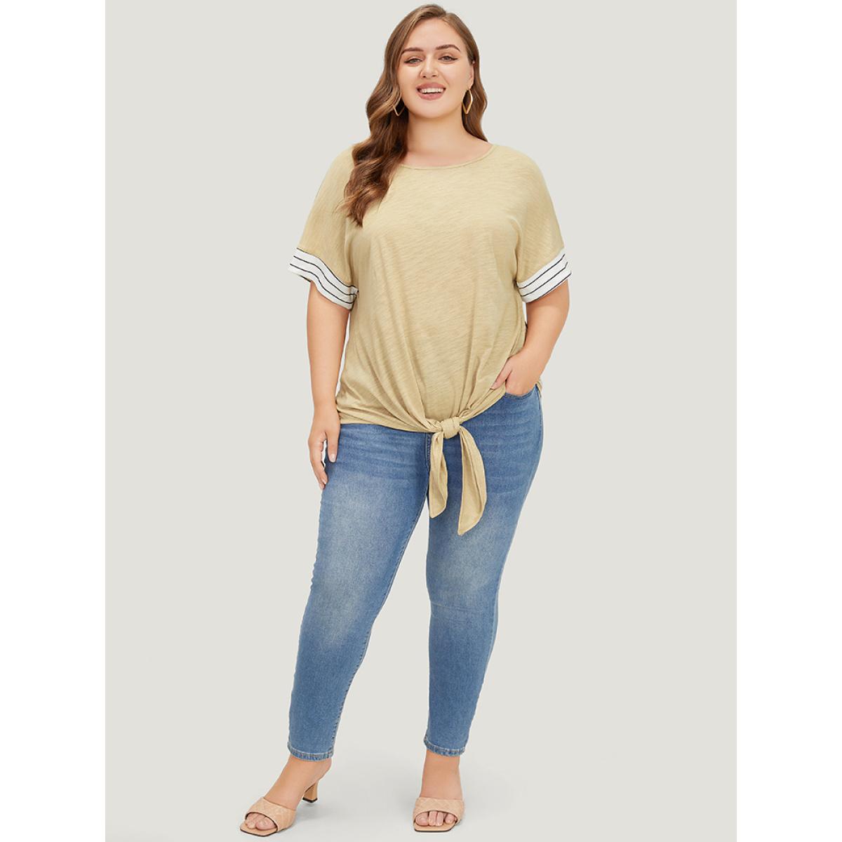 Plus Size Striped Patchwork Knotted Hem Heather T-shirt LightBrown Women Casual Heather Striped Round Neck Dailywear T-shirts BloomChic 28/5X Product Image