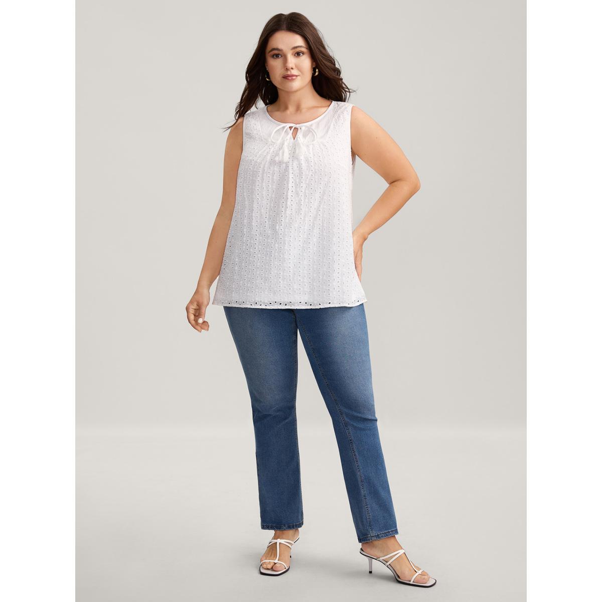 Plus Size Cotton Eyelet Embroidered Tank Top Women Originalwhite Tie knot V-neck Elegant Tank Tops Camis BloomChic 12/L Product Image