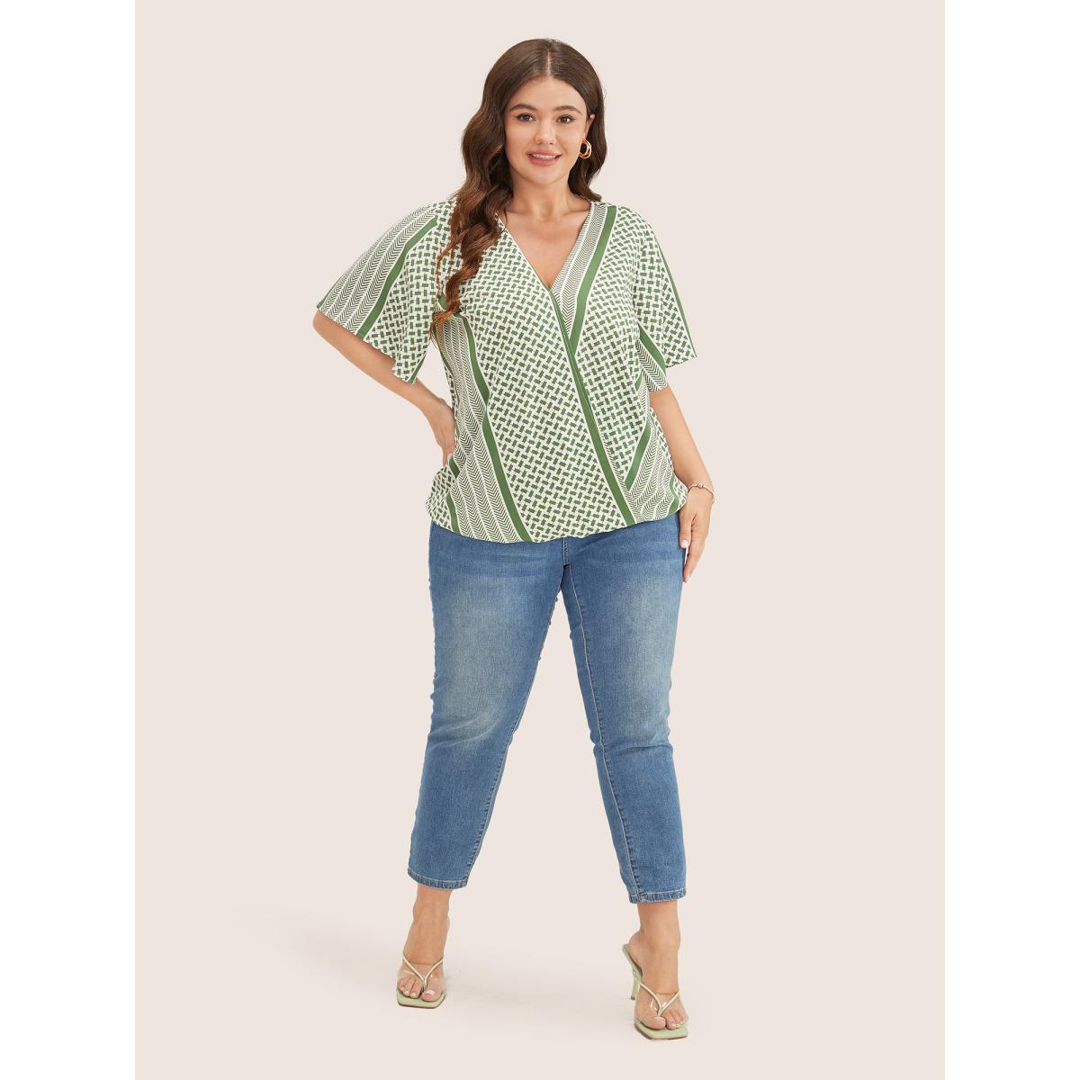 Plus Size Moss Geometric Contrast Ruffle Sleeve Wrap Blouse Women Resort Short sleeve Overlap Collar Vacation Blouses BloomChic 30/6X Product Image