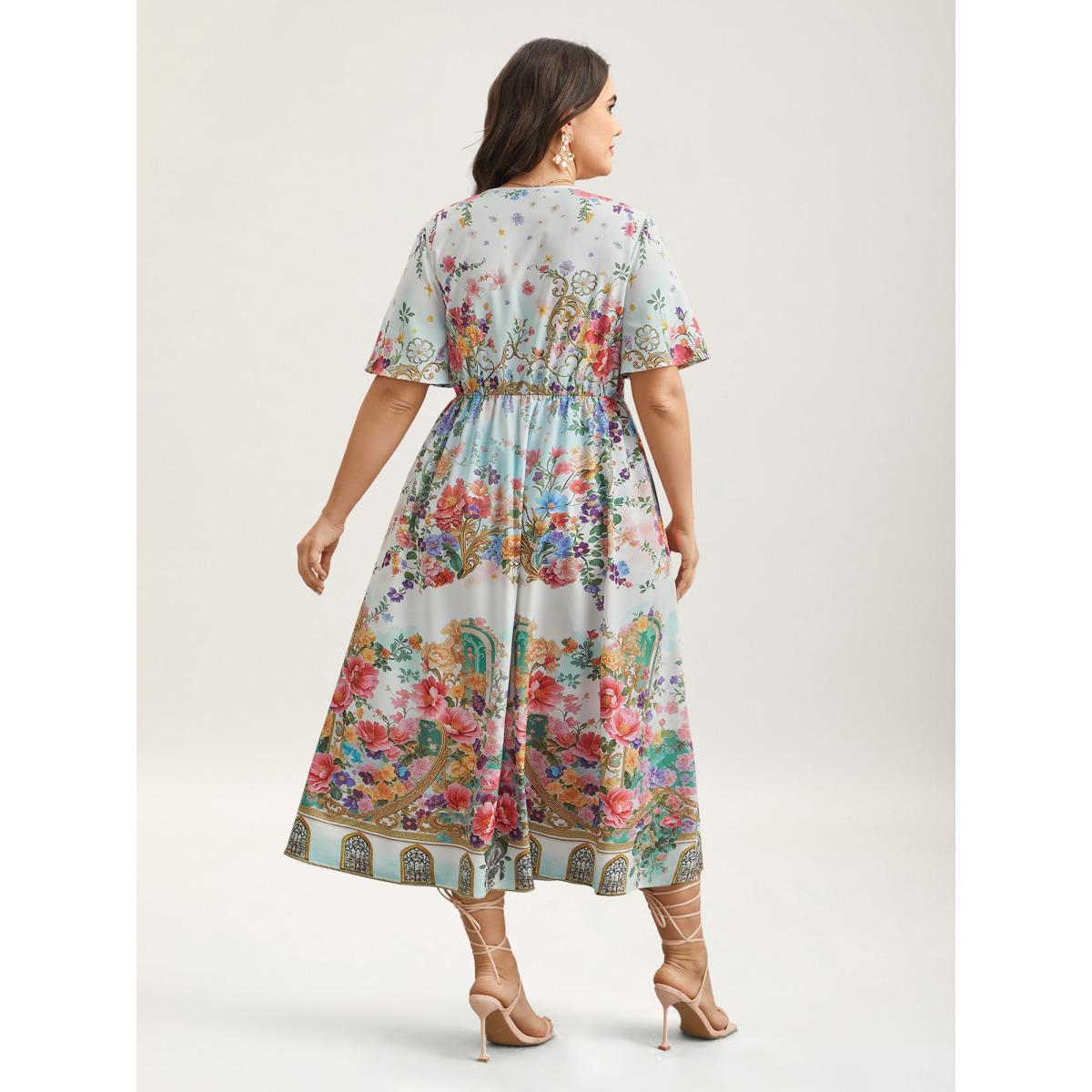 Plus Size Floral Print Wrap-Neck Flared Sleeve Maxi Dress Ivory Women Romantic Non Overlap Collar Short sleeve Curvy BloomChic 14-16/1X Product Image