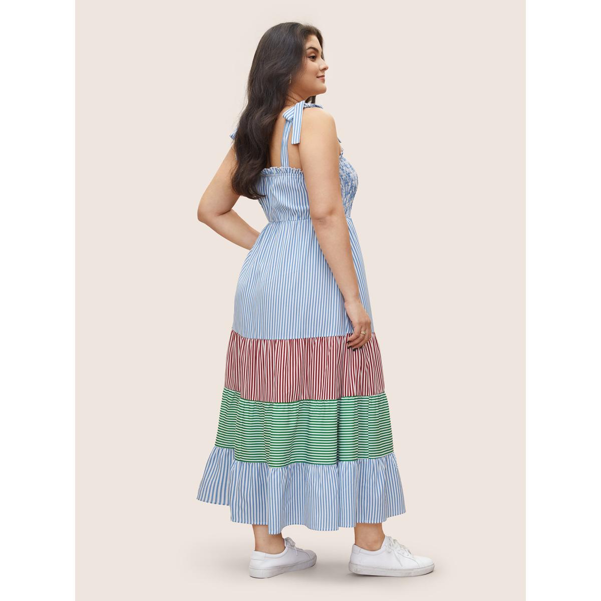 Plus Size Contrast Striped Patchwork Shirred Ties Dress LightBlue Women Casual Non Non Sleeveless Curvy Midi Dress BloomChic 26/4X Product Image