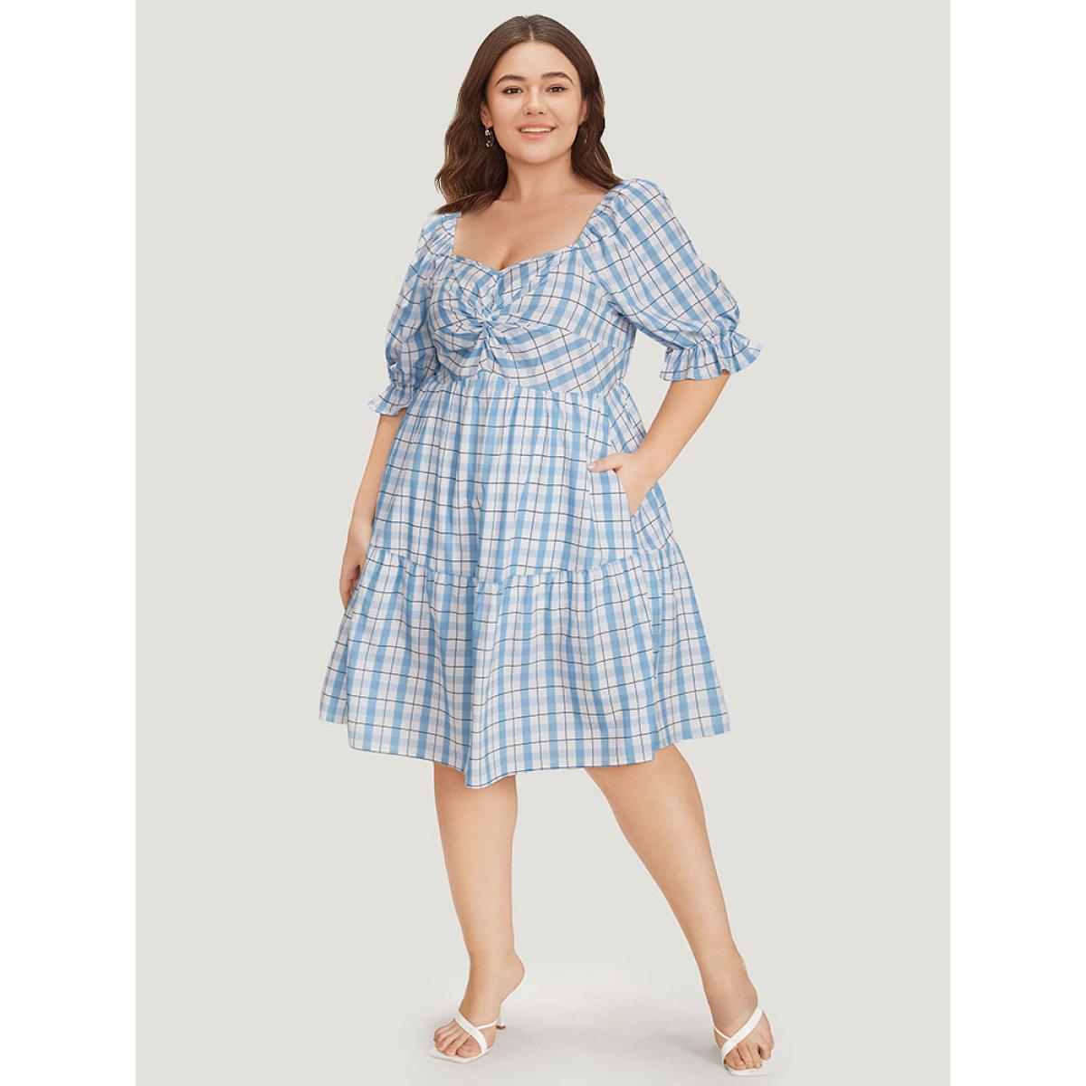 Plus Size Twist Front Square Neck Ruffle Layered Hem Bell Sleeve Dress LightBlue Women Elegant Square Neck Short sleeve Curvy Knee Dress BloomChic 18-20/2X Product Image