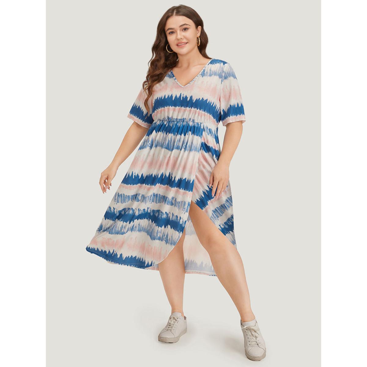 Plus Size Ombre Tie Dye Pocket Split Side Elastic Waist Dress Multicolor Women Casual Tie Dye V-neck Short sleeve Curvy Midi Dress BloomChic 22-24/3X Product Image
