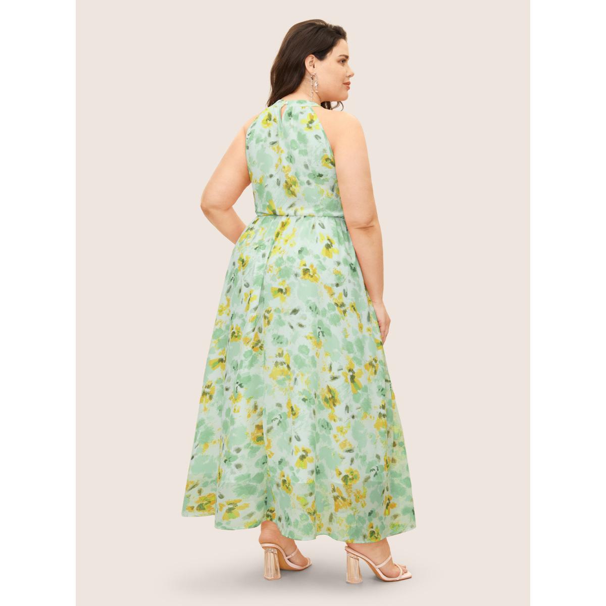 Plus Size Halter Neck Floral Pleated Pocket Dress Palemauve Women Formal Shirt collar Sleeveless Curvy BloomChic 10/M Product Image