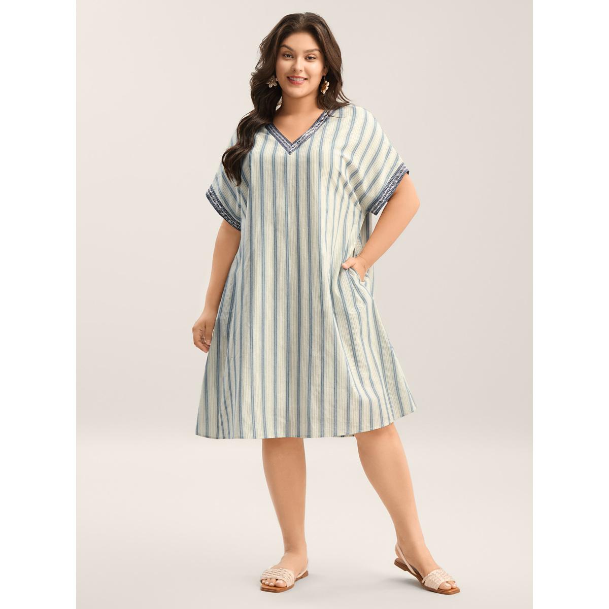 Plus Size Pure Cotton Stripe Print Pockets Midi Dress Ivory Women Resort V-neck Short sleeve Curvy BloomChic 26/4X Product Image