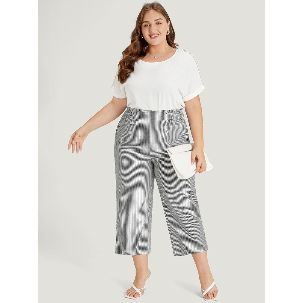 Plus Size Striped Pocket Button Detail Paperbag Waist Pants Women Black Office Straight Leg High Rise Office Pants BloomChic 26/4X Product Image