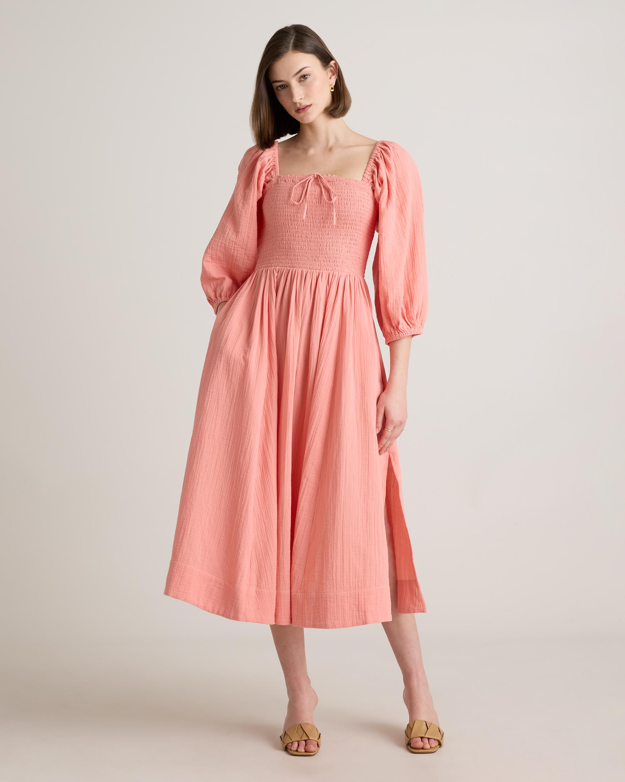 Quince | Women's Gauze Smocked Square Neck Midi Dress Organic Cotton Product Image