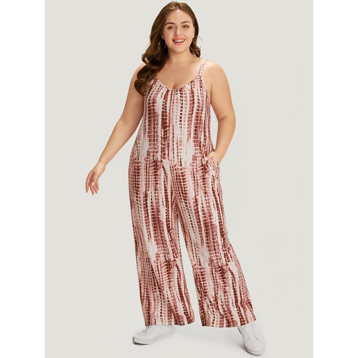 Plus Size Rouge Tie Dye Striped Pocket Backless Cami Jumpsuit Women Casual Sleeveless Spaghetti Strap Dailywear Loose Jumpsuits BloomChic 26/4X Product Image