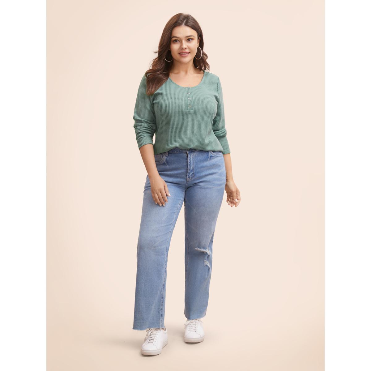 Plus Size Solid Waffle Knit Round Neck T-shirt Teal Women Casual Texture Round Neck Everyday T-shirts BloomChic 26/4X Product Image