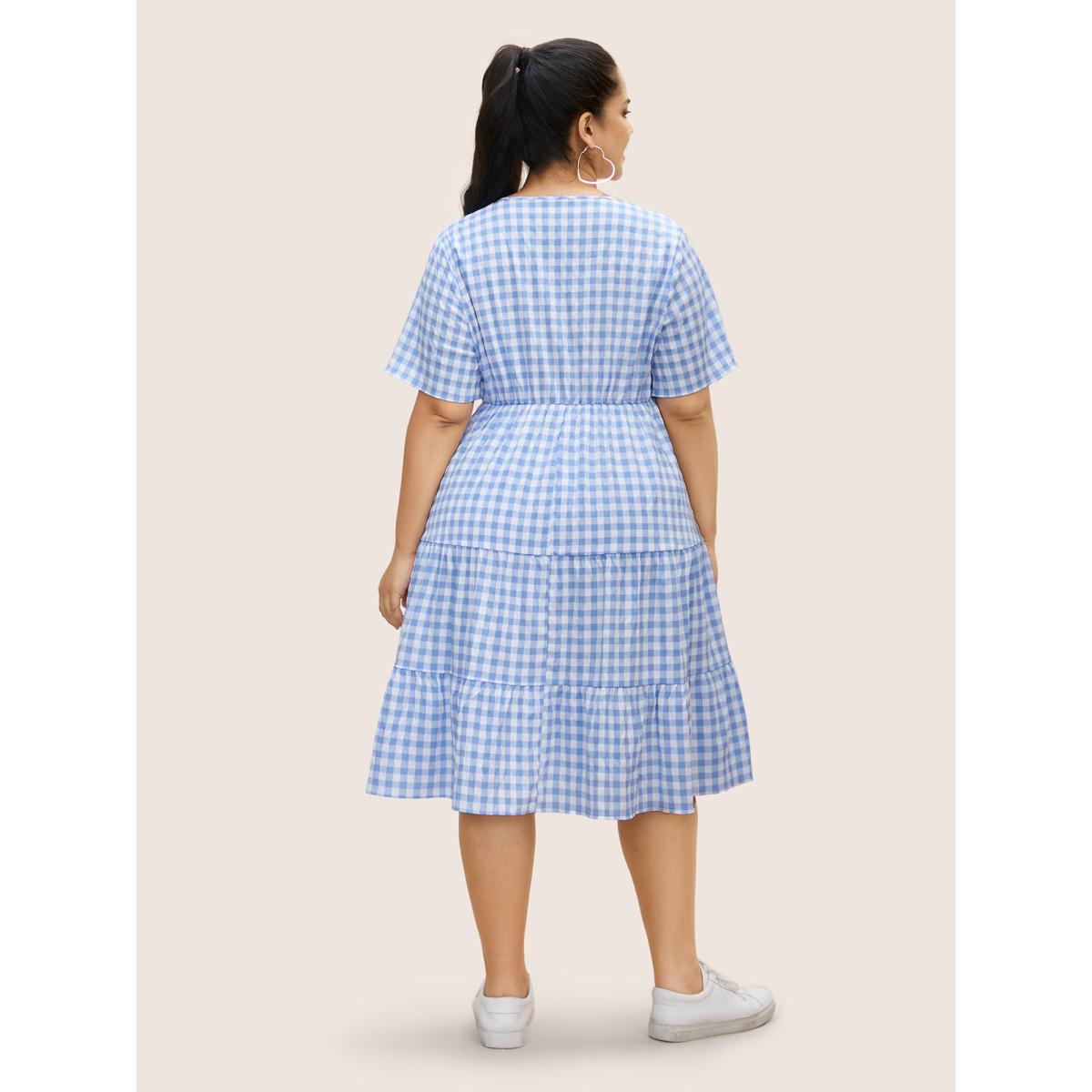 Plus Size Gingham Button Detail Ruffle Layered Hem Dress LightBlue Women Casual Button V-neck Short sleeve Curvy BloomChic 30/6X Product Image