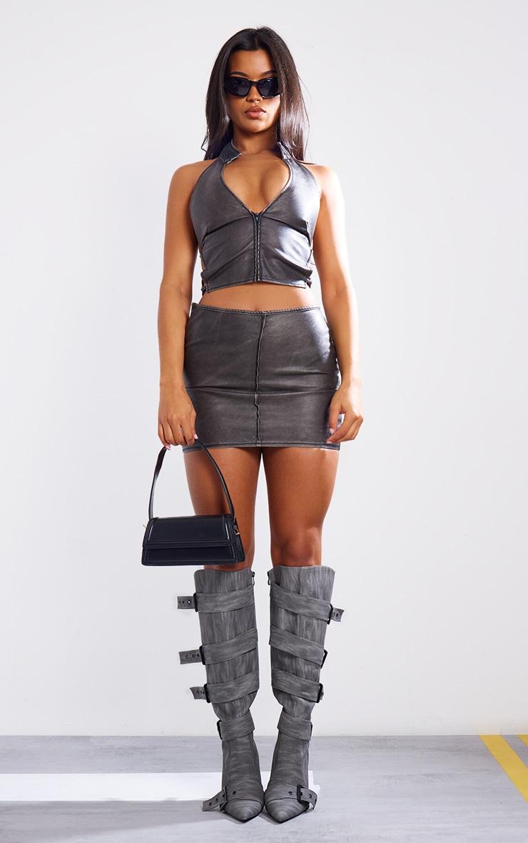 Washed Black Faux Leather Zip Front Halterneck Corset Product Image