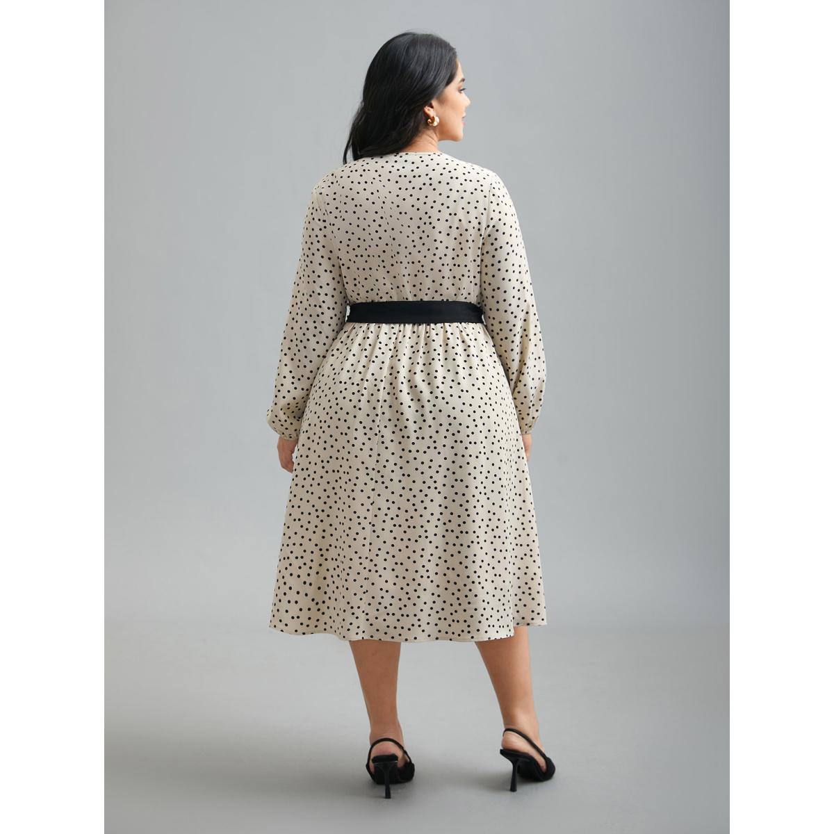 Plus Size Round Neck Polka Dot Waist-Tie Midi Dress Apricot Women Elegant Belted Round Neck Long Sleeve Curvy BloomChic 30/6X Product Image
