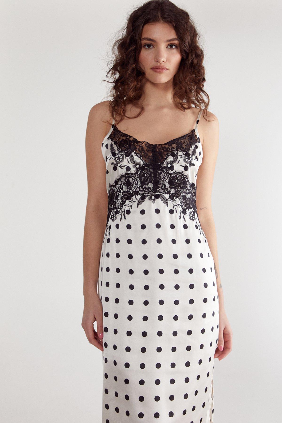 Satin Polka Dot Lace Trim Maxi Dress Product Image