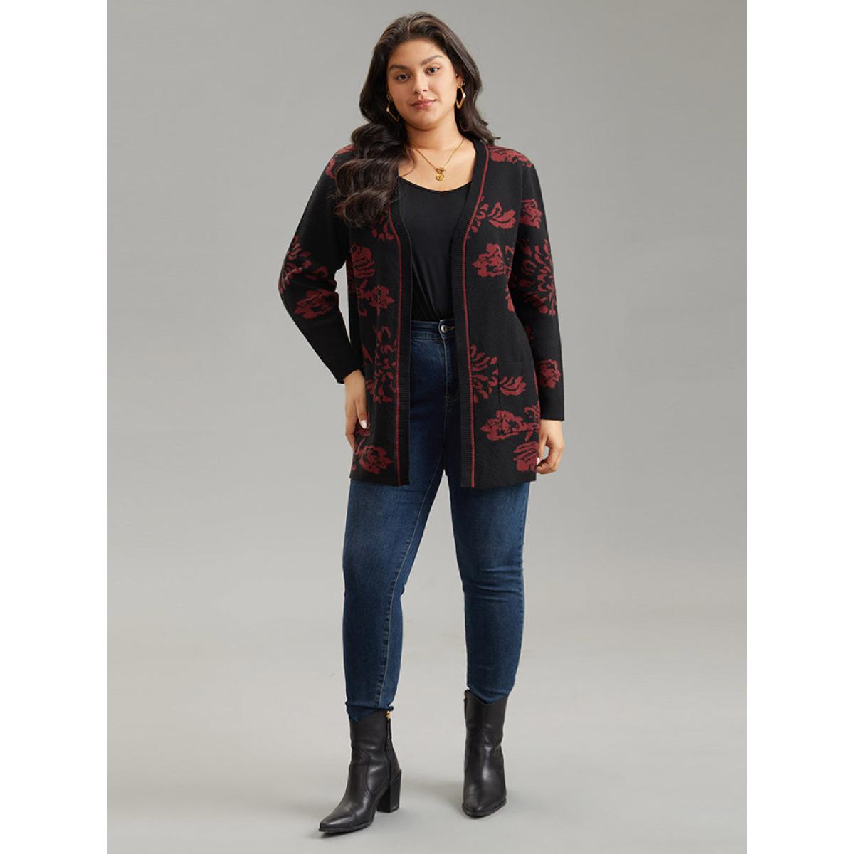 Plus Size Supersoft Essentials Jacquard Pocket Open Front Cardigan Black Women Casual Loose Long Sleeve Dailywear Cardigans BloomChic 22-24/3X Product Image