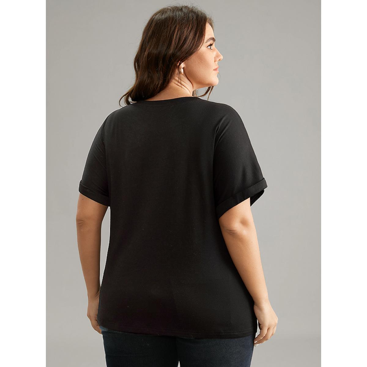 Plus Size Metal Tassel Detail Crew Neck T-shirt Black Women Elegant Tassels Plain Round Neck Dailywear T-shirts BloomChic 10/M Product Image