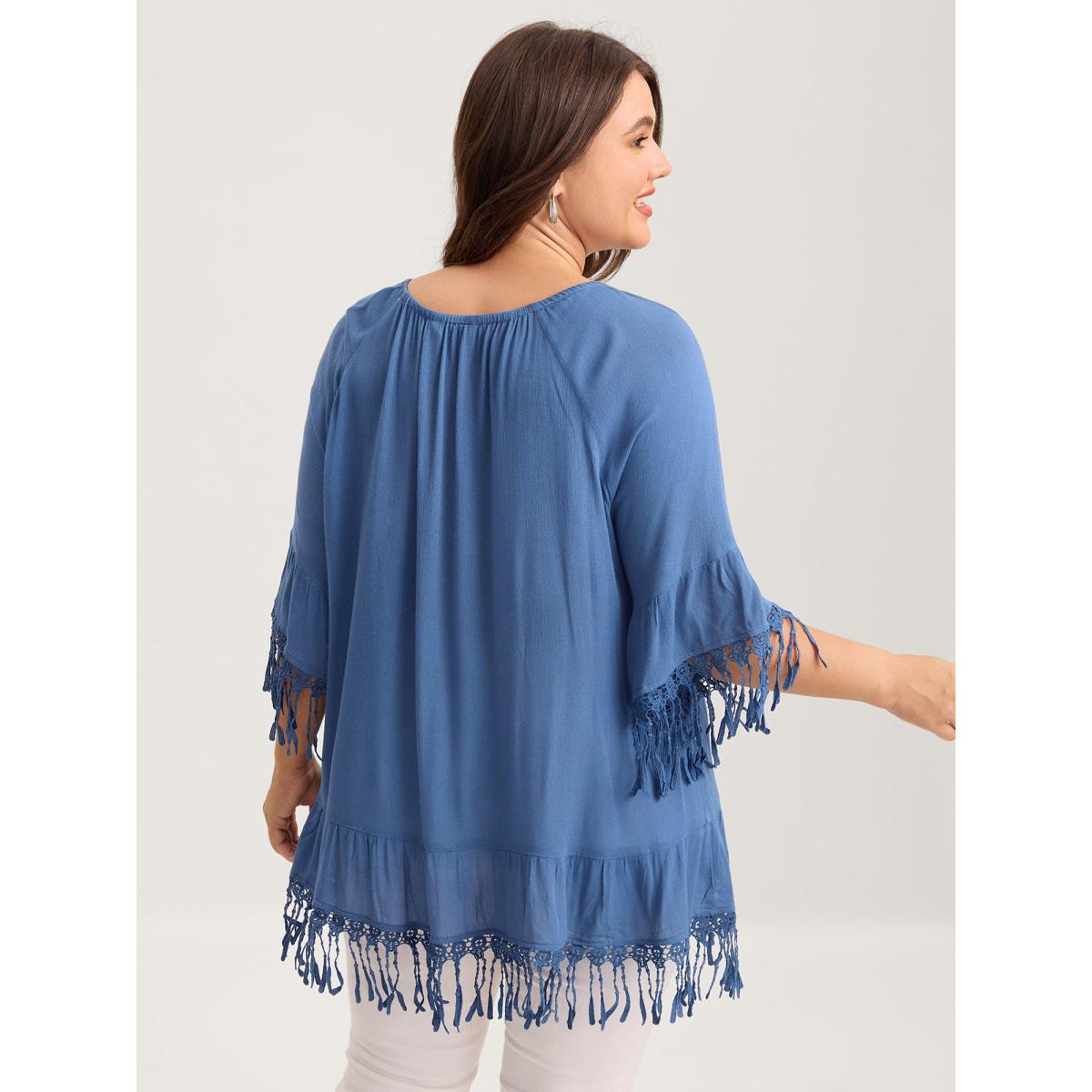 Plus Size Mediumblue Rayon Lace Trim Solid Relaxed Blouse Women Short sleeve Round Neck Everyday-Elegant Blouses BloomChic 30/6X Product Image