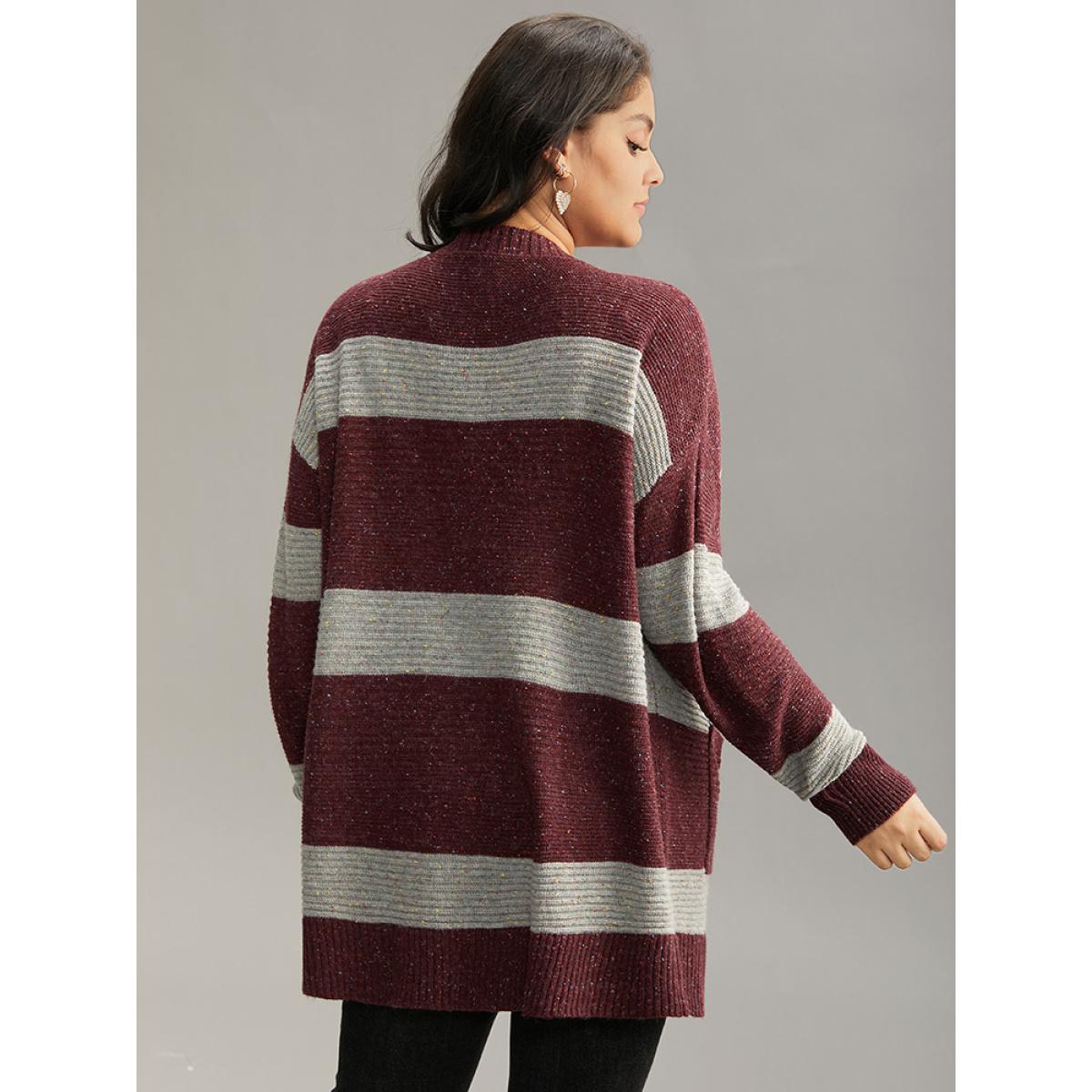 Plus Size Colorblock Patched Pocket Open Front Cardigan Burgundy Women Casual Loose Long Sleeve Dailywear Cardigans BloomChic 14-16/1X Product Image