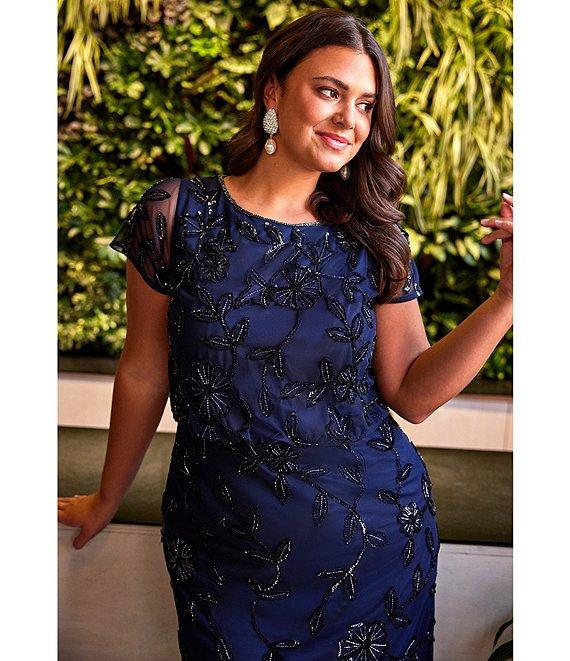 Adrianna Papell Plus Size Short Sleeve Boat Neck Beaded Blouson Gown Product Image