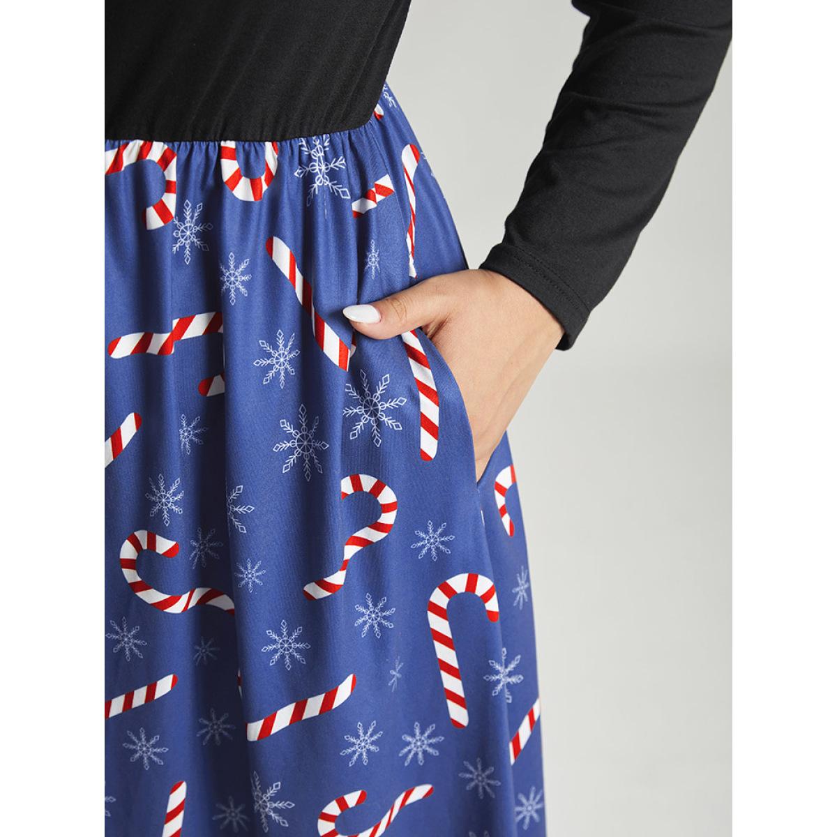 Plus Size Snowflake & Christmas Candy Print Pocket Ruched Dress DarkBlue Women Elegant Gathered Square Neck Long Sleeve Curvy Midi Dress BloomChic 30/6X Product Image