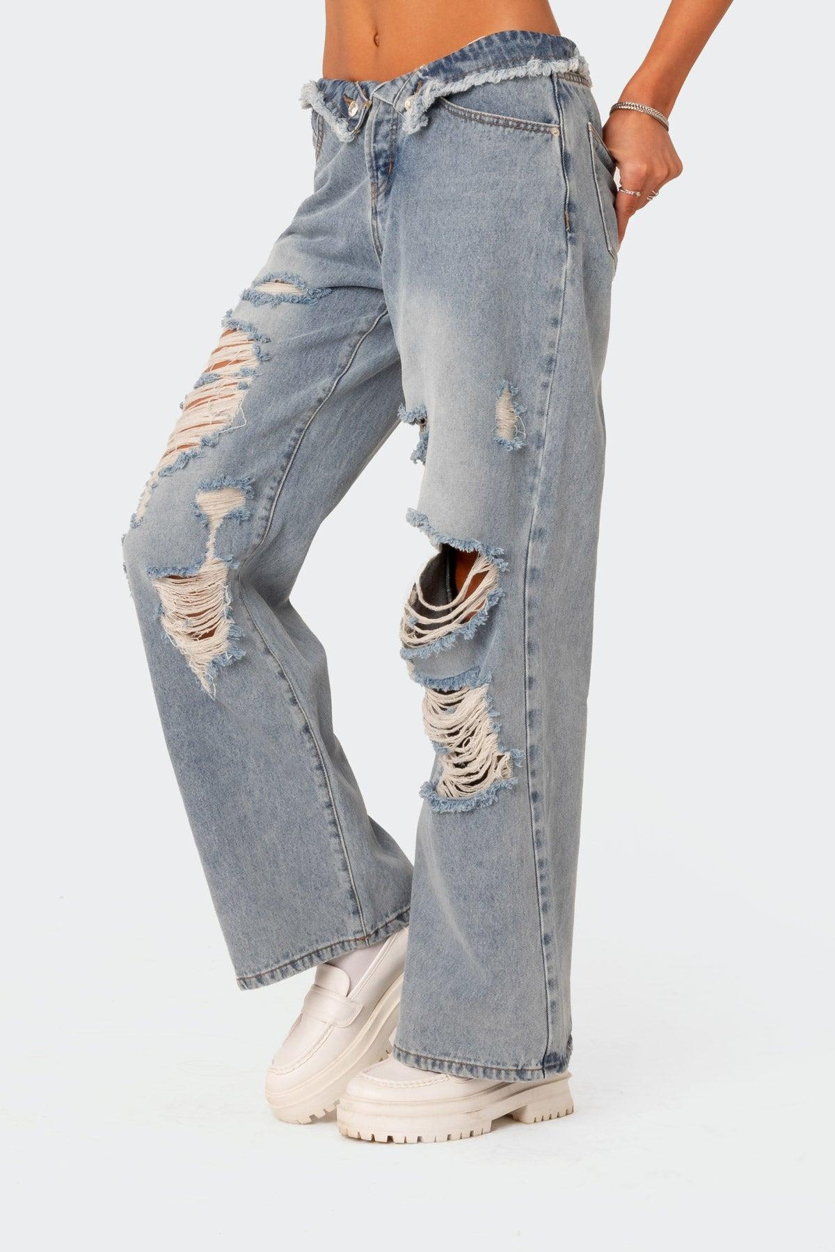 Distressed Fold Over Low Rise Wide Leg Jeans Product Image