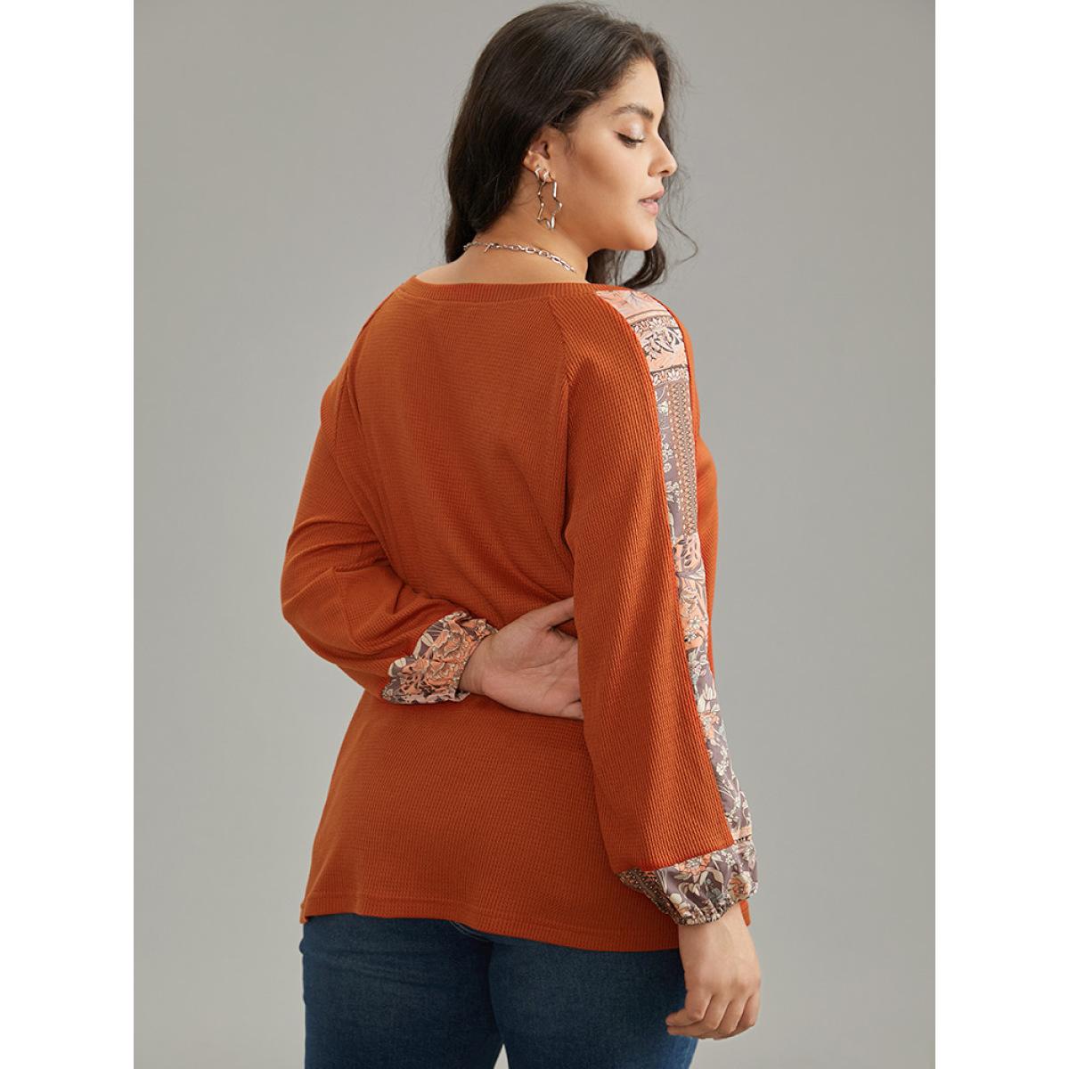 Plus Size Waffle Knit Boho Print Patchwork Raglan Sleeve T-shirt OrangeRed Women Elegant Bohemian Print V-neck Dailywear T-shirts BloomChic 10/M Product Image