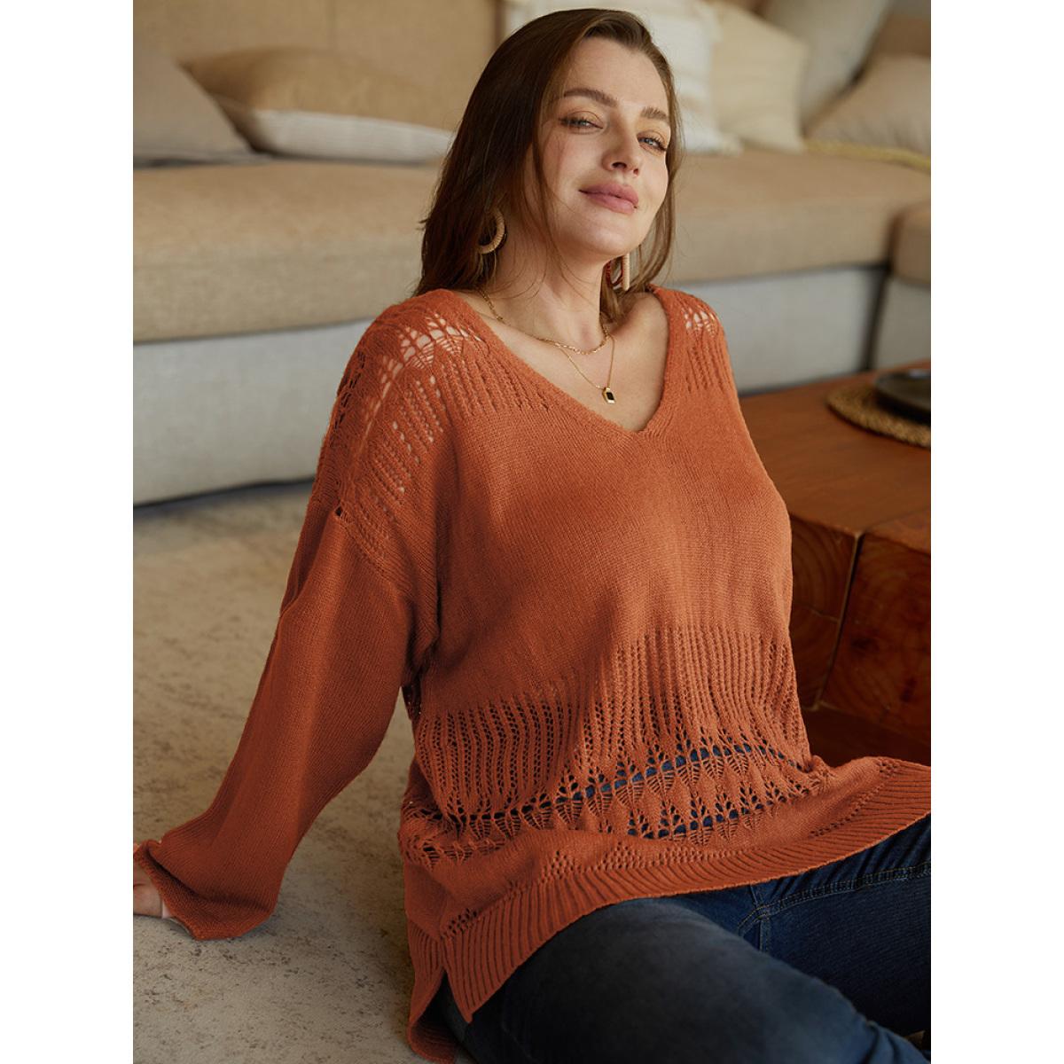 Plus Size Solid Hollow Out Split V Neck Pullover Chocolate Women Casual Loose Long Sleeve V-neck Everyday Pullovers BloomChic 10/M Product Image