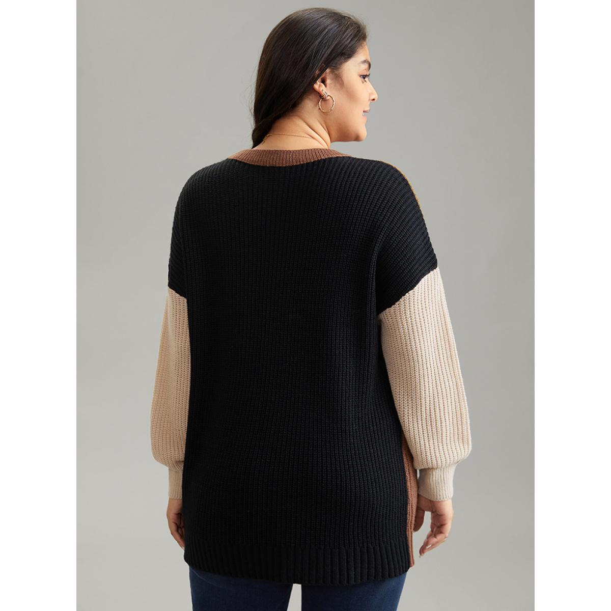 Plus Size Patchwork Colorblock Contrast Drop Shoulder Pullover Multicolor Women Casual Loose Long Sleeve Round Neck Dailywear Pullovers BloomChic 30/6X Product Image