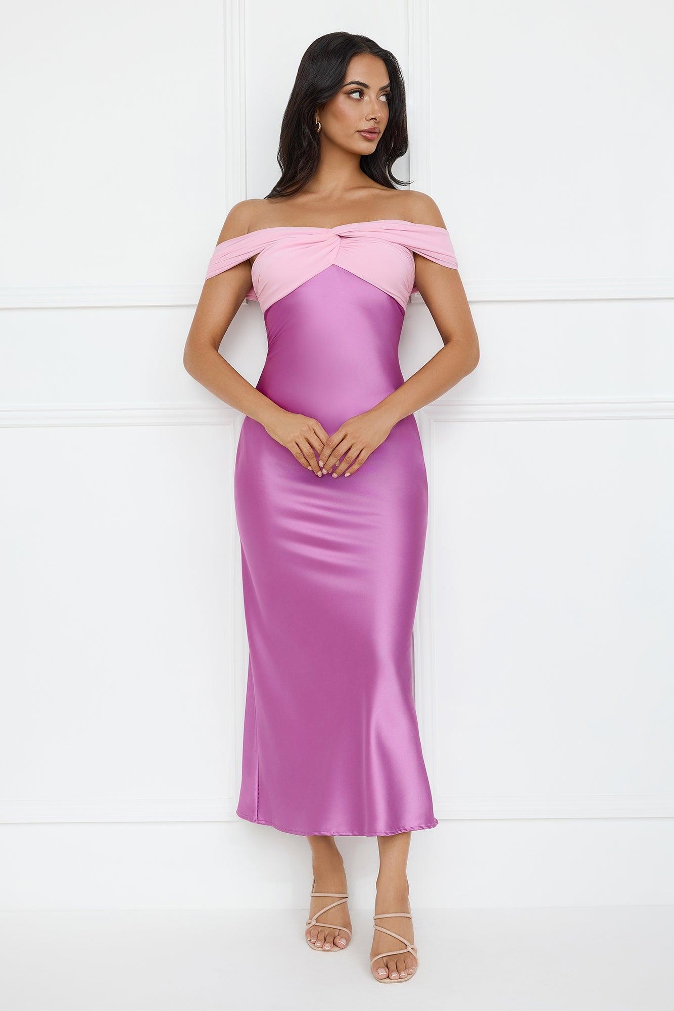 Luxe And Lavish Off Shoulder Satin Maxi Dress Purple Product Image