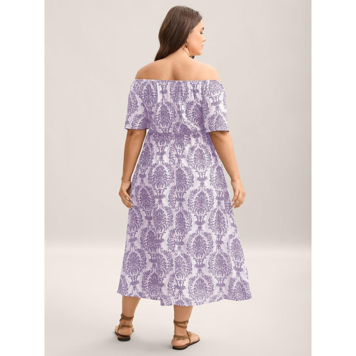 Plus Size Bandana Print Shirred Off Shoulder Dress Lavender Women Resort Non One-shoulder neck Short sleeve Curvy Midi Dress BloomChic 26/4X Product Image