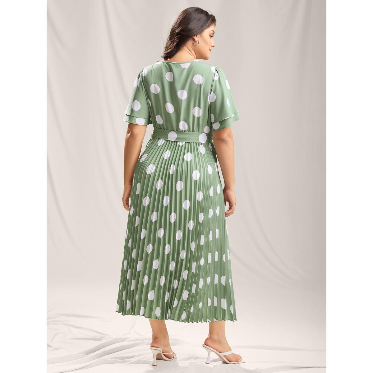 Plus Size Polka Dots Print Plicated Detail Maxi Dress Sage Women Overlap Collar Short sleeve Curvy BloomChic 10/M Product Image