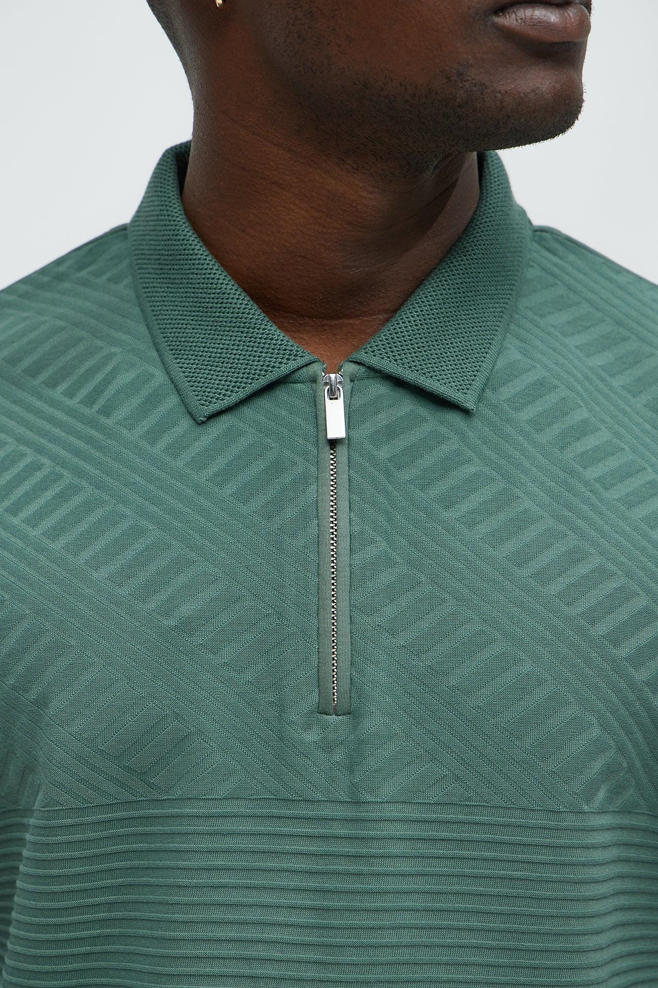 Ribbed Zip Collar Short Sleeve Polo - Green Product Image