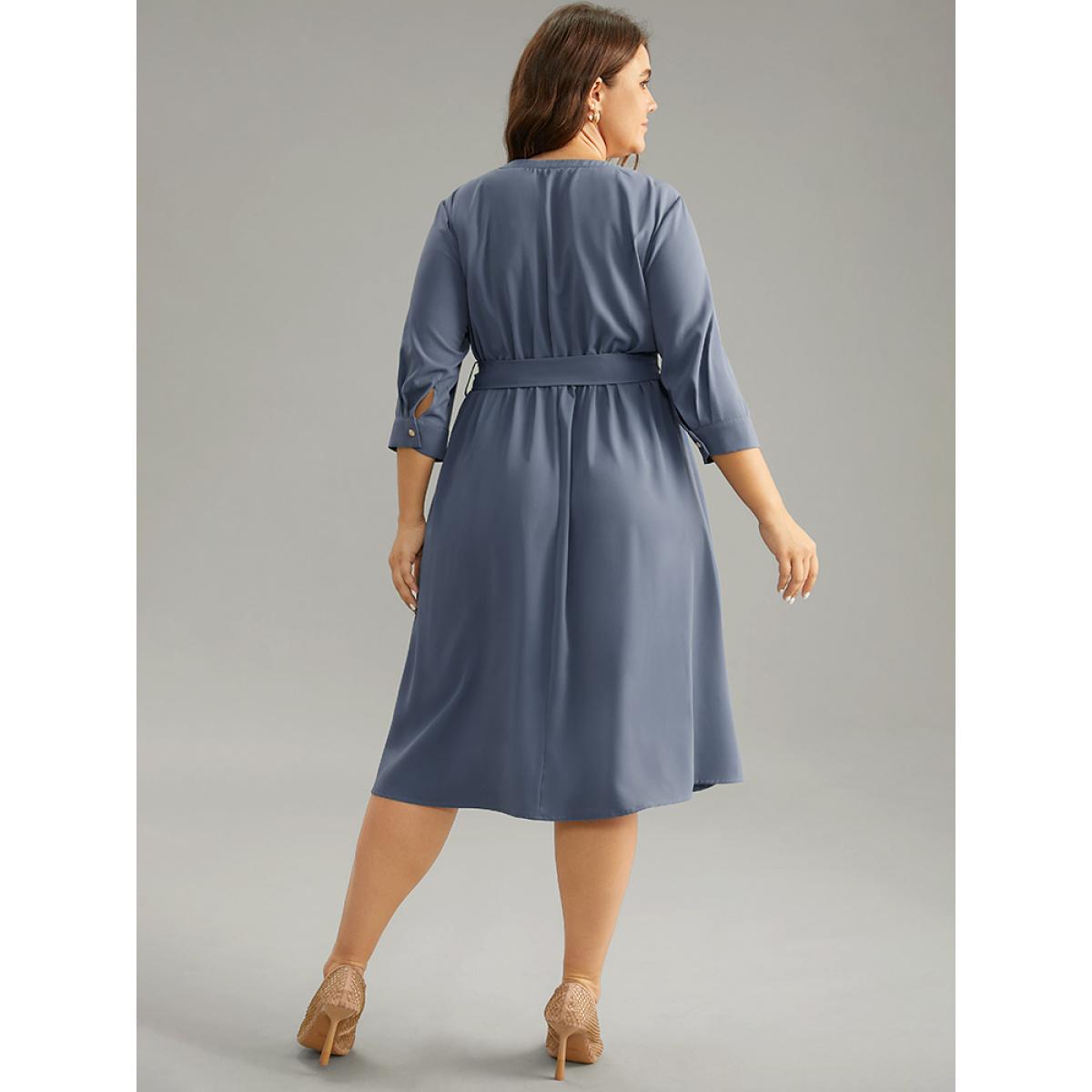 Plus Size Anti-Wrinkle Solid Belted Pleated Keyhole Dress Stone Women Office Plain Keyhole Cut-Out Elbow-length sleeve Curvy Midi Dress BloomChic 10/M Product Image