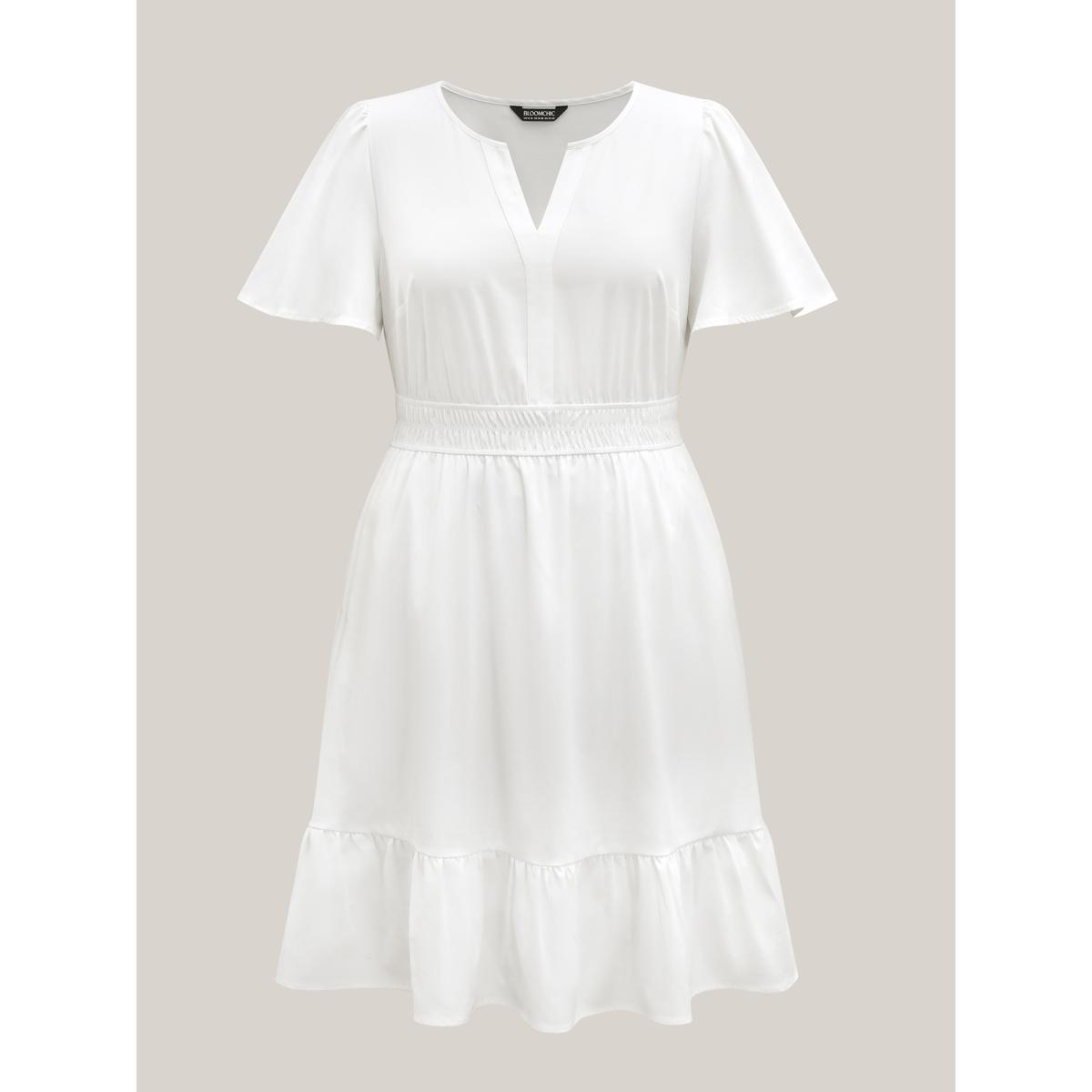 Plus Size Woven Shirred Waist Split Neck Midi Dress Originalwhite Women Flat collar with V-notch Short sleeve Curvy BloomChic 30/6X Product Image