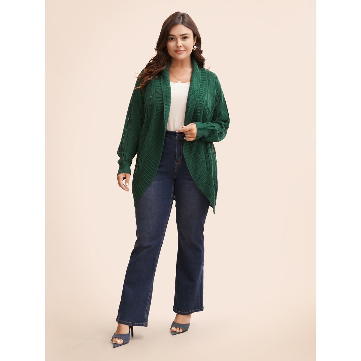 Plus Size Kimono Collar Cable Knit Arc Hem Cardigan DarkGreen Women Casual Loose Long Sleeve Everyday Cardigans BloomChic 28/5X Product Image