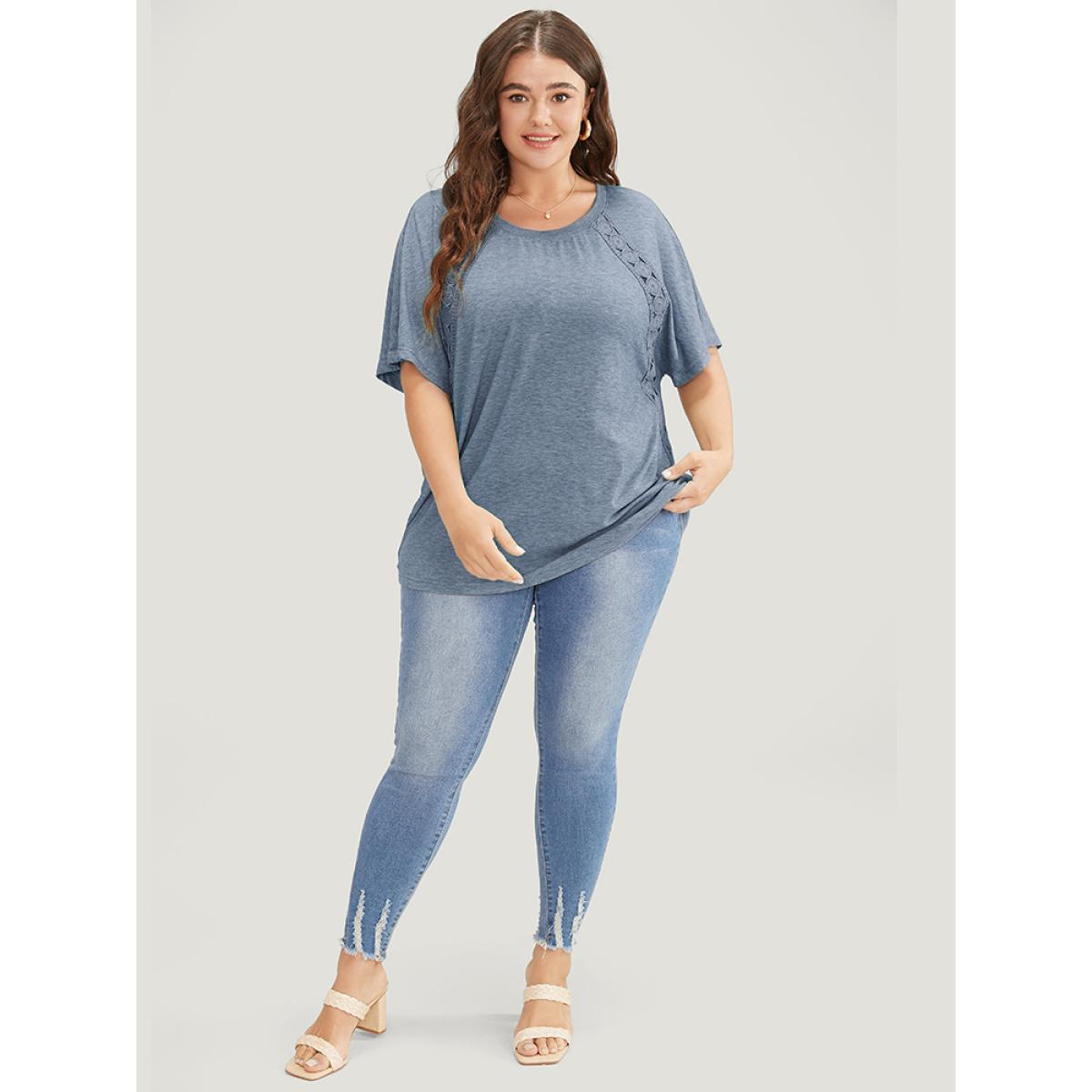 Plus Size Solid Contrast Lace Ruffle Sleeve T-shirt Stone Women Elegant Lace Plain Round Neck Everyday T-shirts BloomChic 30/6X Product Image