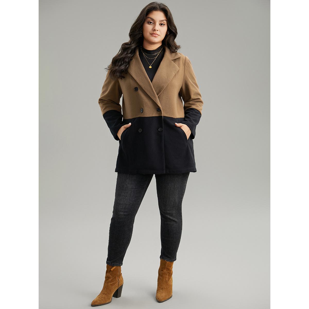 Plus Size Contrast Lapel Collar Double Breasted Pocket Coat Women DarkBrown Casual Contrast Ladies Dailywear Winter Coats BloomChic 26/4X Product Image