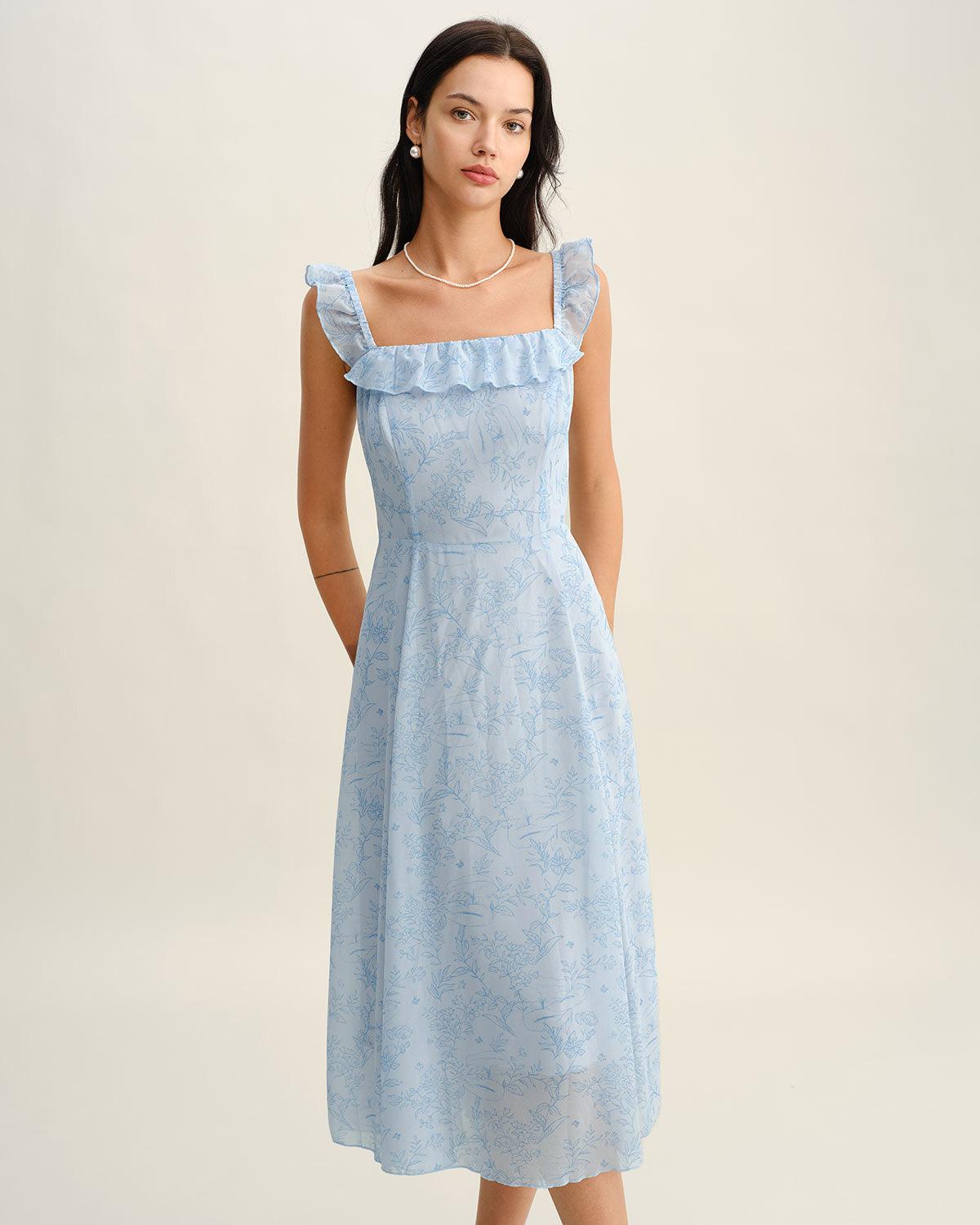 Blue Square Neck Ruffle Midi Dress Product Image