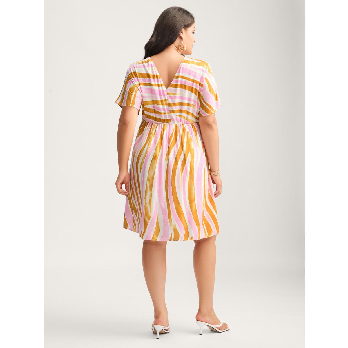 Plus Size Wavy Stripes Neck Tie Tiered Midi Dress Peach Women V-neck Short sleeve Curvy BloomChic 26/4X Product Image
