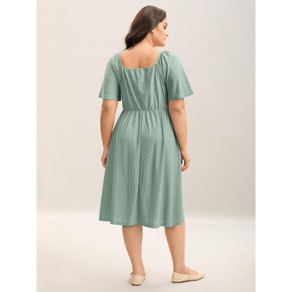 Plus Size Textured Knit Sweetheart Neckline Midi Dress Sage Women Casual Woven ribbon&lace trim Heart neckline Short sleeve Curvy BloomChic 18-20/2X Product Image