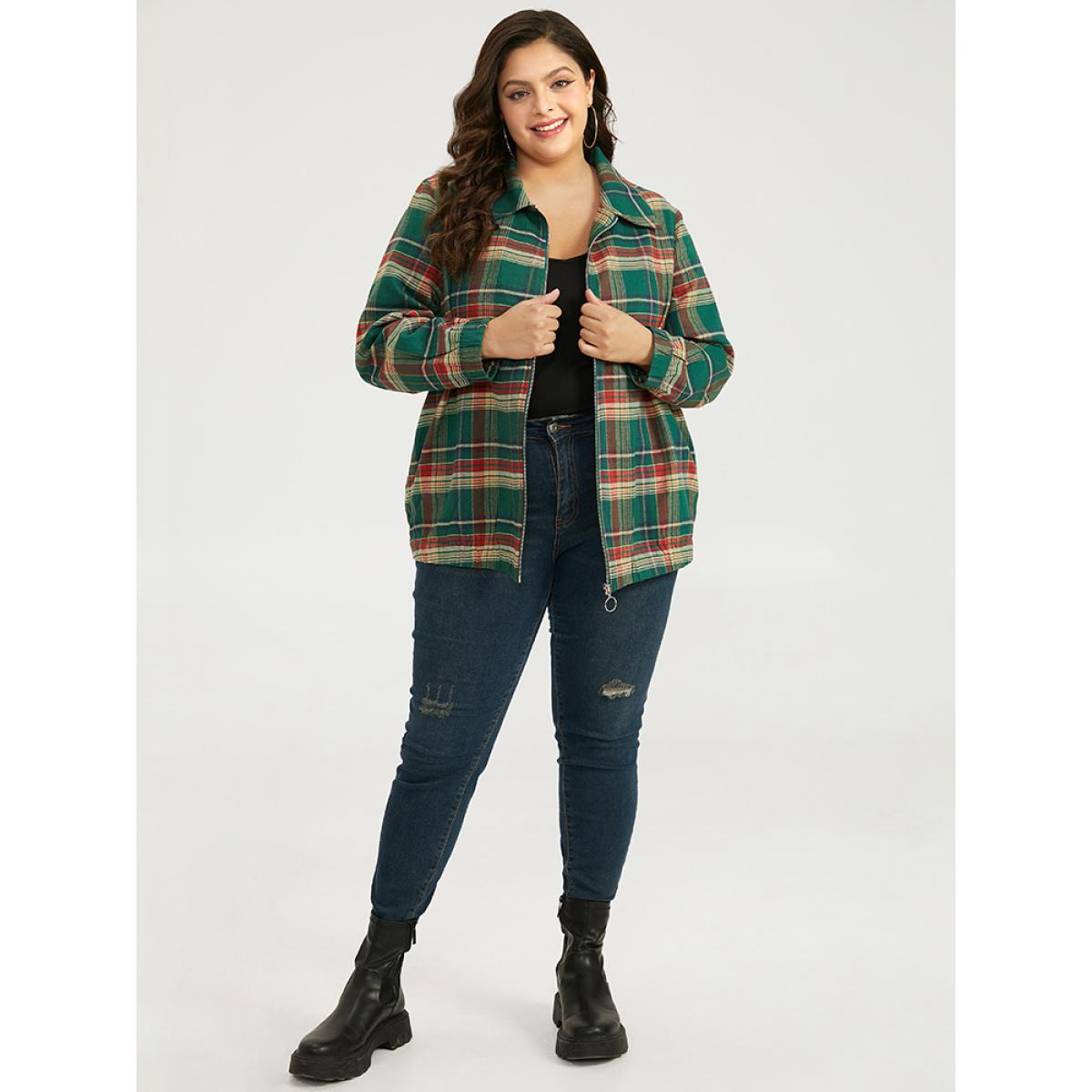 Plus Size Plaid Contrast Zipper Pocket Jacket Women Emerald Elastic cuffs Pocket Dailywear Jackets BloomChic 14-16/1X Product Image