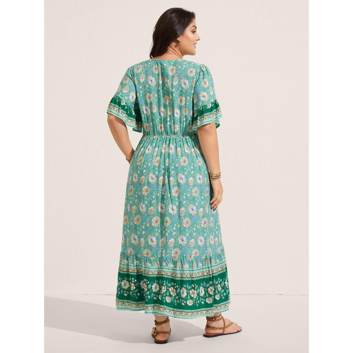 Plus Size Floral Bell Sleeve Shirred Waist Midi Dress Emerald Women Boho Overlap Collar Half Sleeve Curvy BloomChic 12/L Product Image