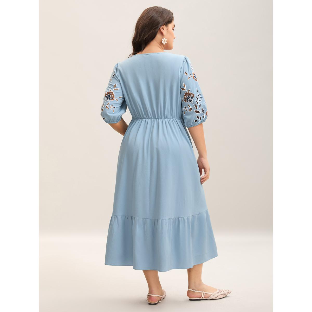 Plus Size Cut-Out Embroidery Stretchy Waist Midi Dress Skyblue Women Boho V-neck Half Sleeve Curvy BloomChic 28/5X Product Image