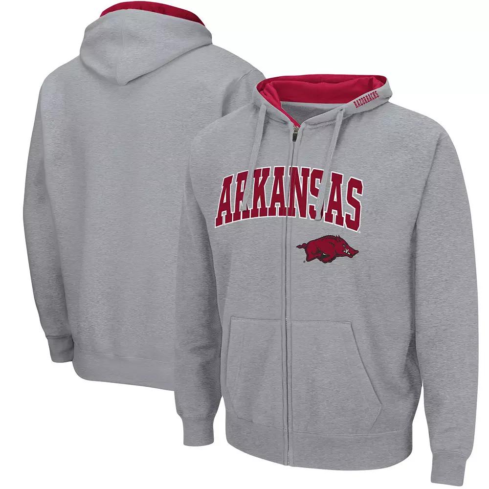 Men's Colosseum Heathered Gray Arkansas Razorbacks Arch & Logo 3.0 Full-Zip Hoodie,  Product Image
